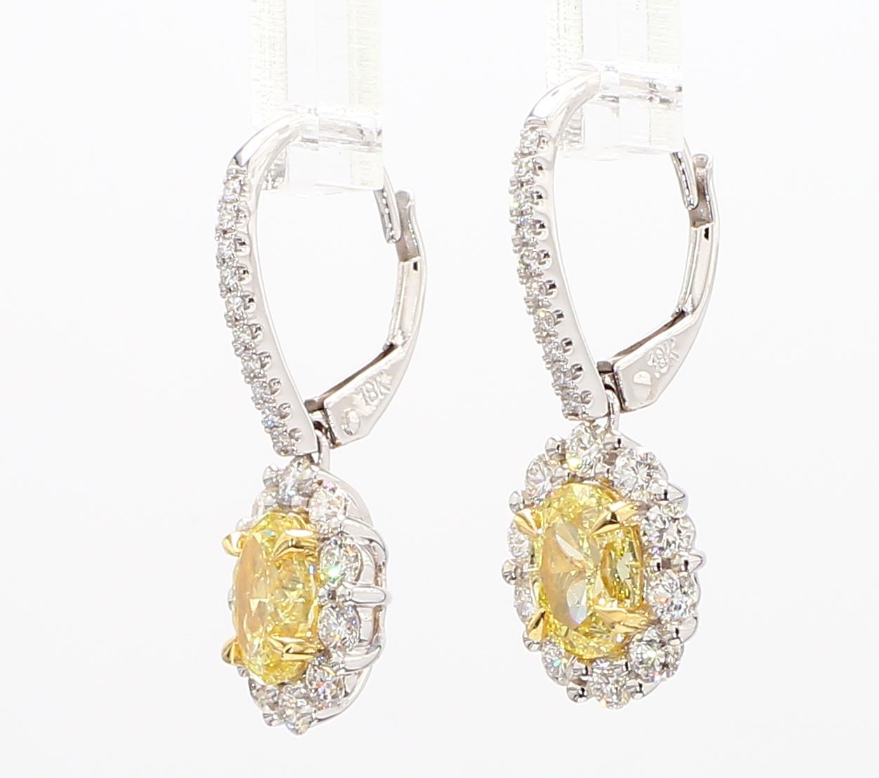 Natural Yellow Oval Diamond 2.19 Carat TW Gold Drop Earrings