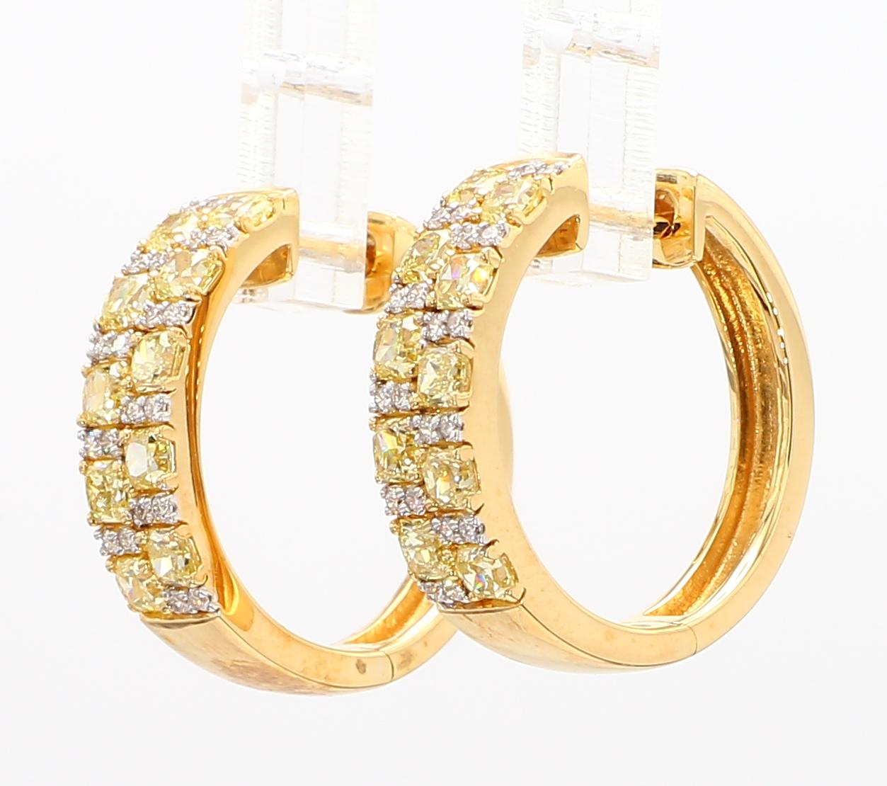 Natural Yellow Radiant Diamond 1.66 Carat TW Gold Hoop Earrings