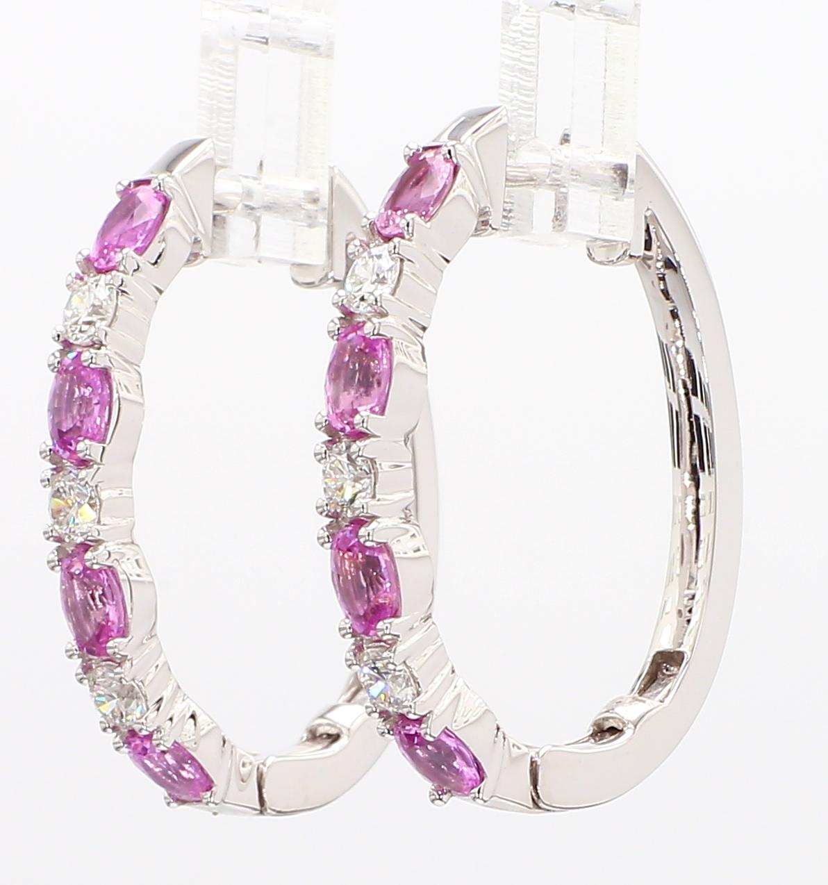 Natural Pink Round Sapphire and White Diamond 2.40 Carat TW Gold Hoop Earrings