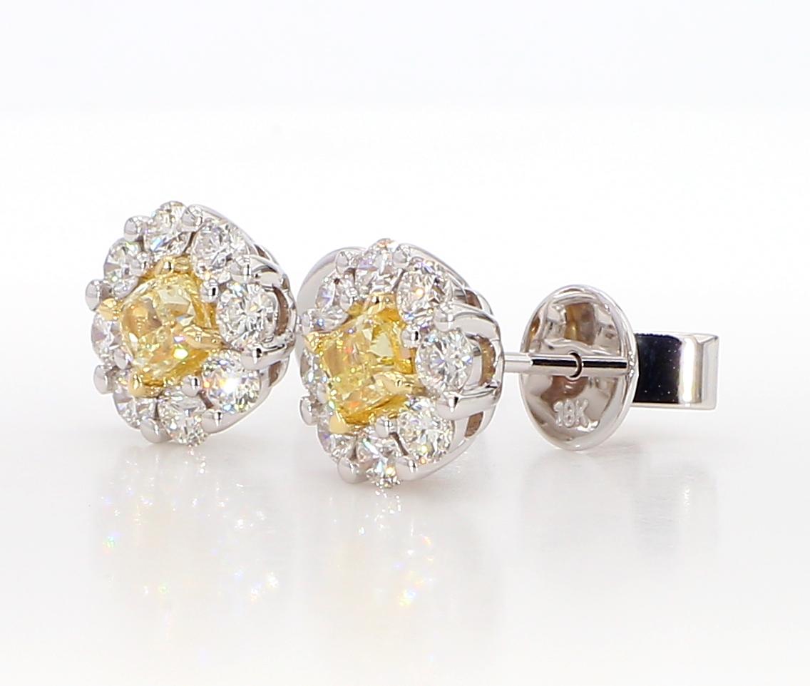 Natural Yellow Cushion Diamond 1.42 Carat TW Gold Stud Earrings