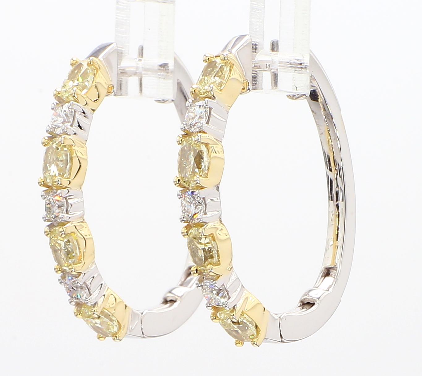 Natural Yellow Oval Diamond 2.40 Carat TW Gold Hoop Earrings