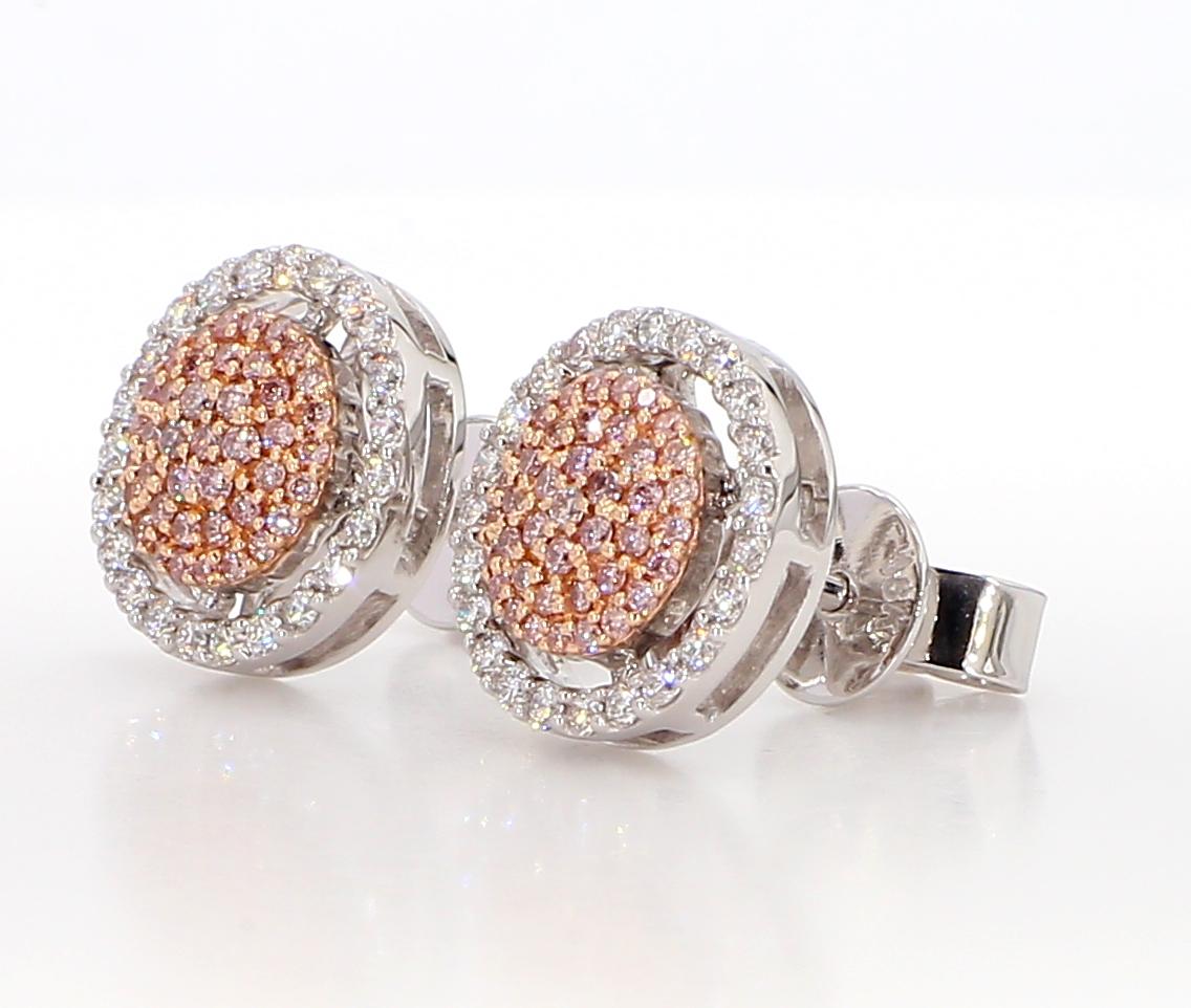 Natural Pink Round Diamond 0.57 Carat TW Gold Stud Earrings