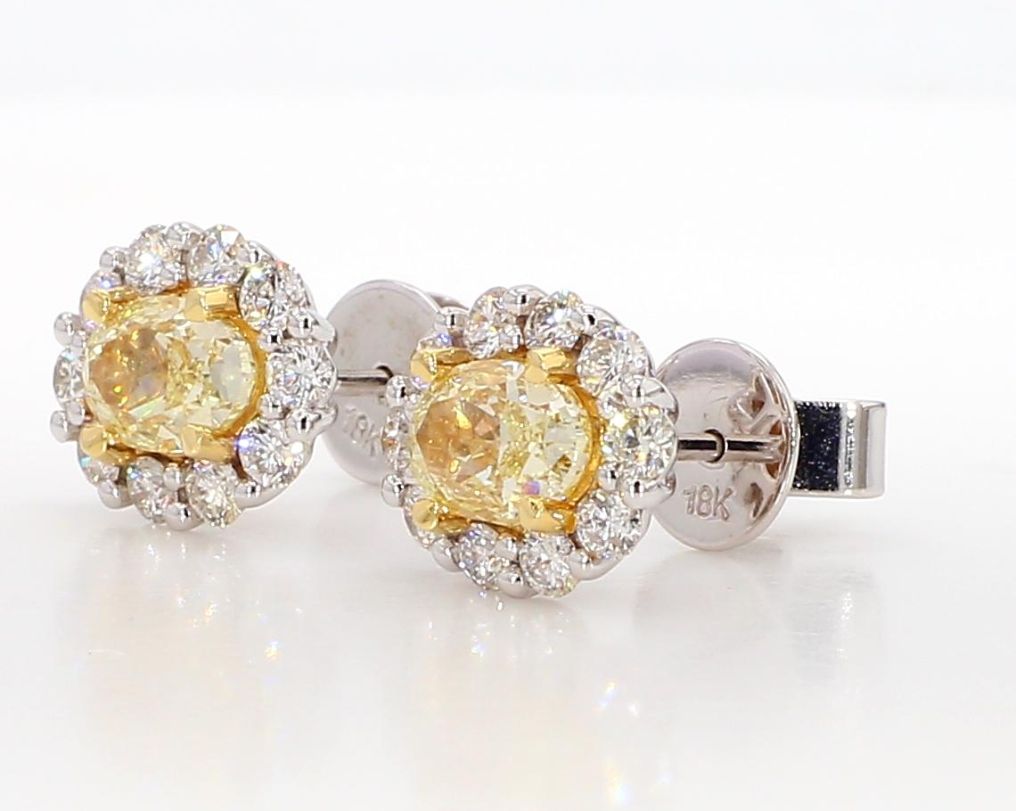 Natural Yellow Oval and White Diamond 2.09 Carat TW Gold Stud Earrings