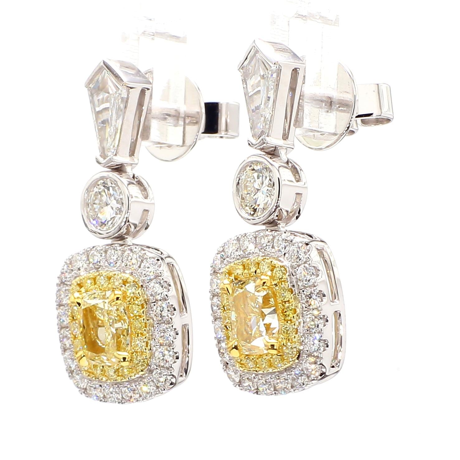 GIA Certified Natural Yellow Cushion Diamond 3.38 Carat TW Gold Drop Earrings