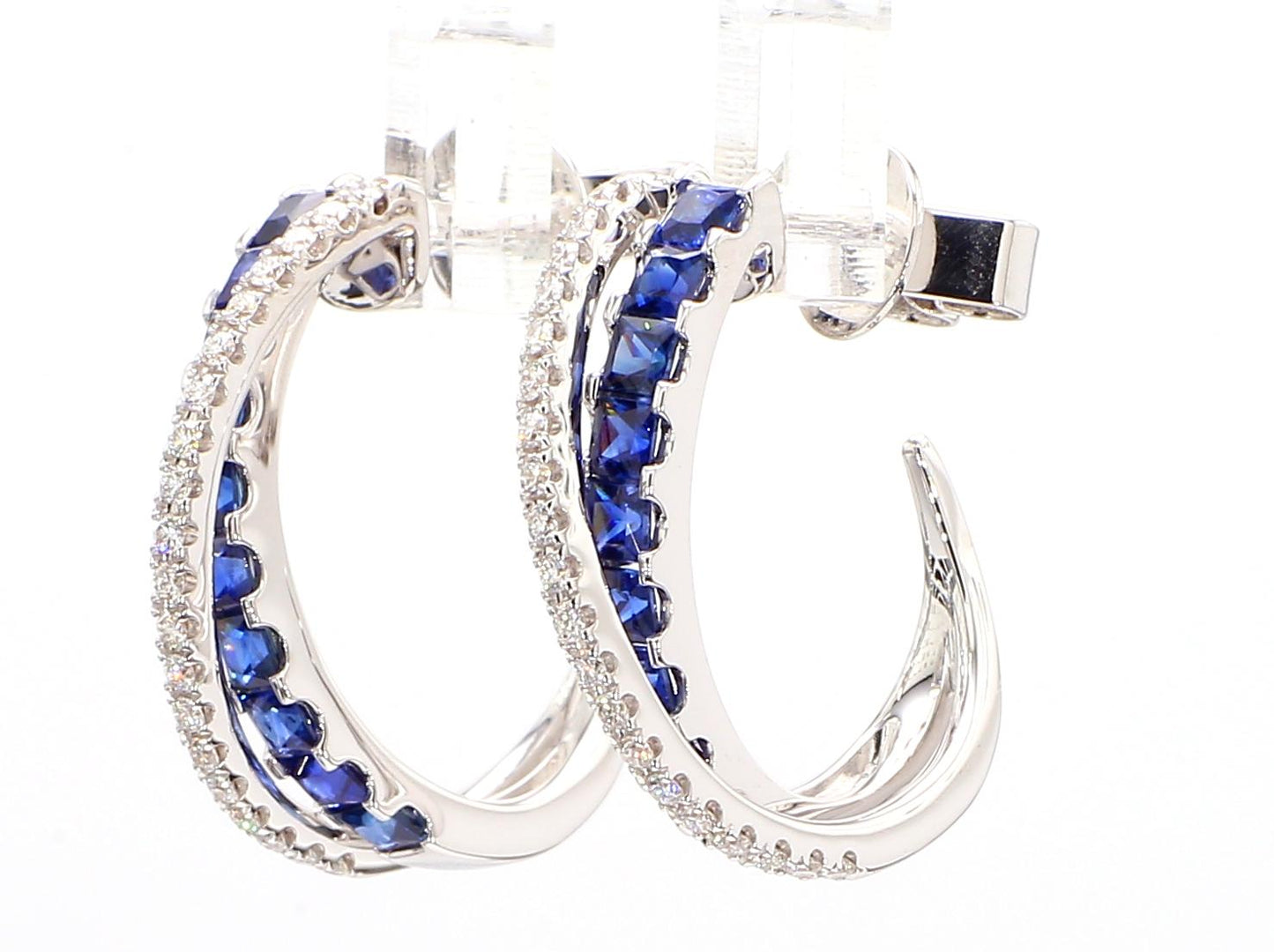 Natural Blue Princess Sapphire and Diamond 1.64 Carat TW Gold Hoop Earrings