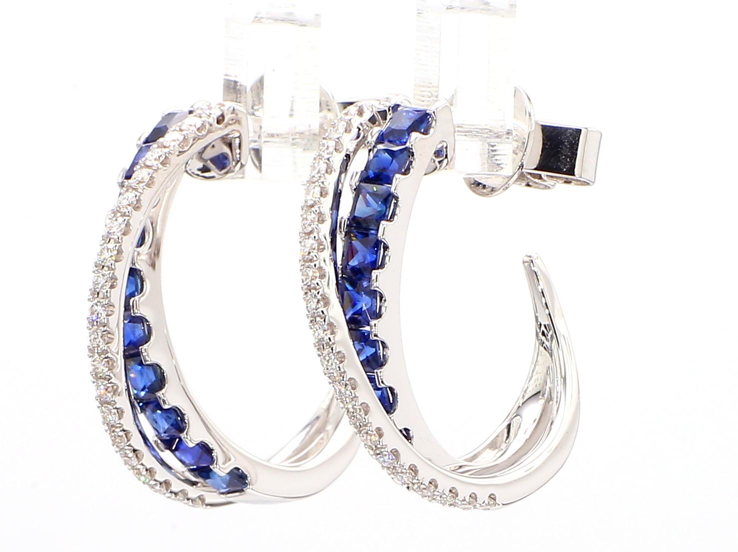 Natural Blue Princess Sapphire and Diamond 1.64 Carat TW Gold Hoop Earrings