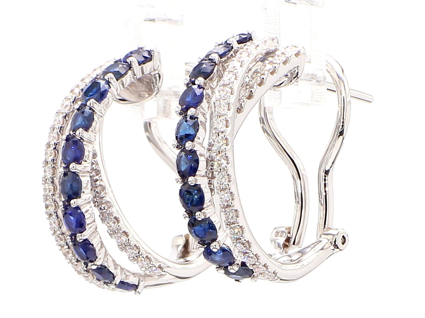 Natural Blue Round Sapphire and Diamond 2.13 Carat TW Gold Hoop Earrings