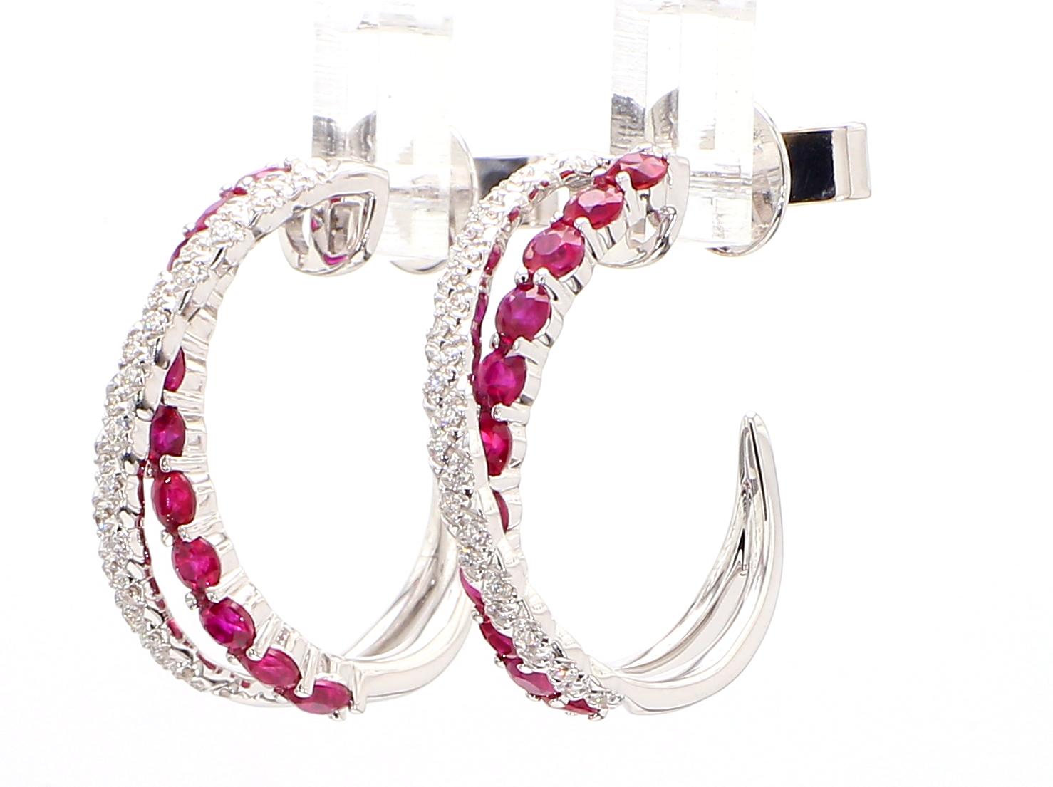 Natural Red Round Ruby and White Diamond 1.38 Carat TW Rose Gold Drop Earrings