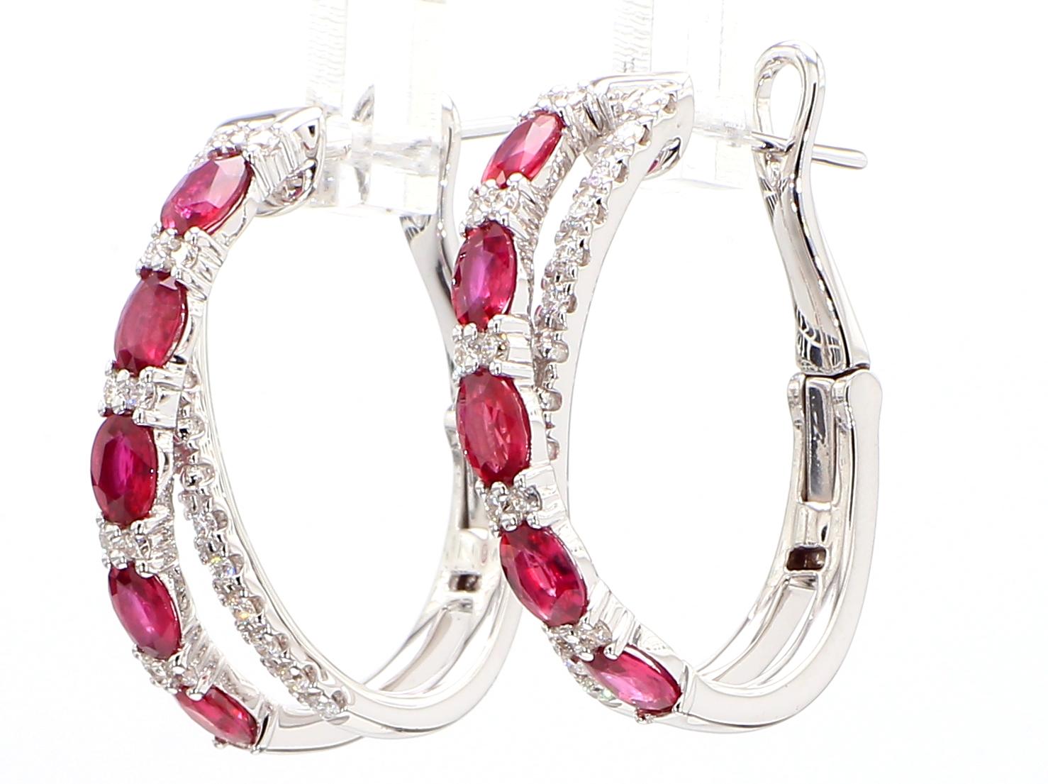 Natural Red Oval Ruby and White Diamond 3.20 Carat TW Gold Hoop Earrings