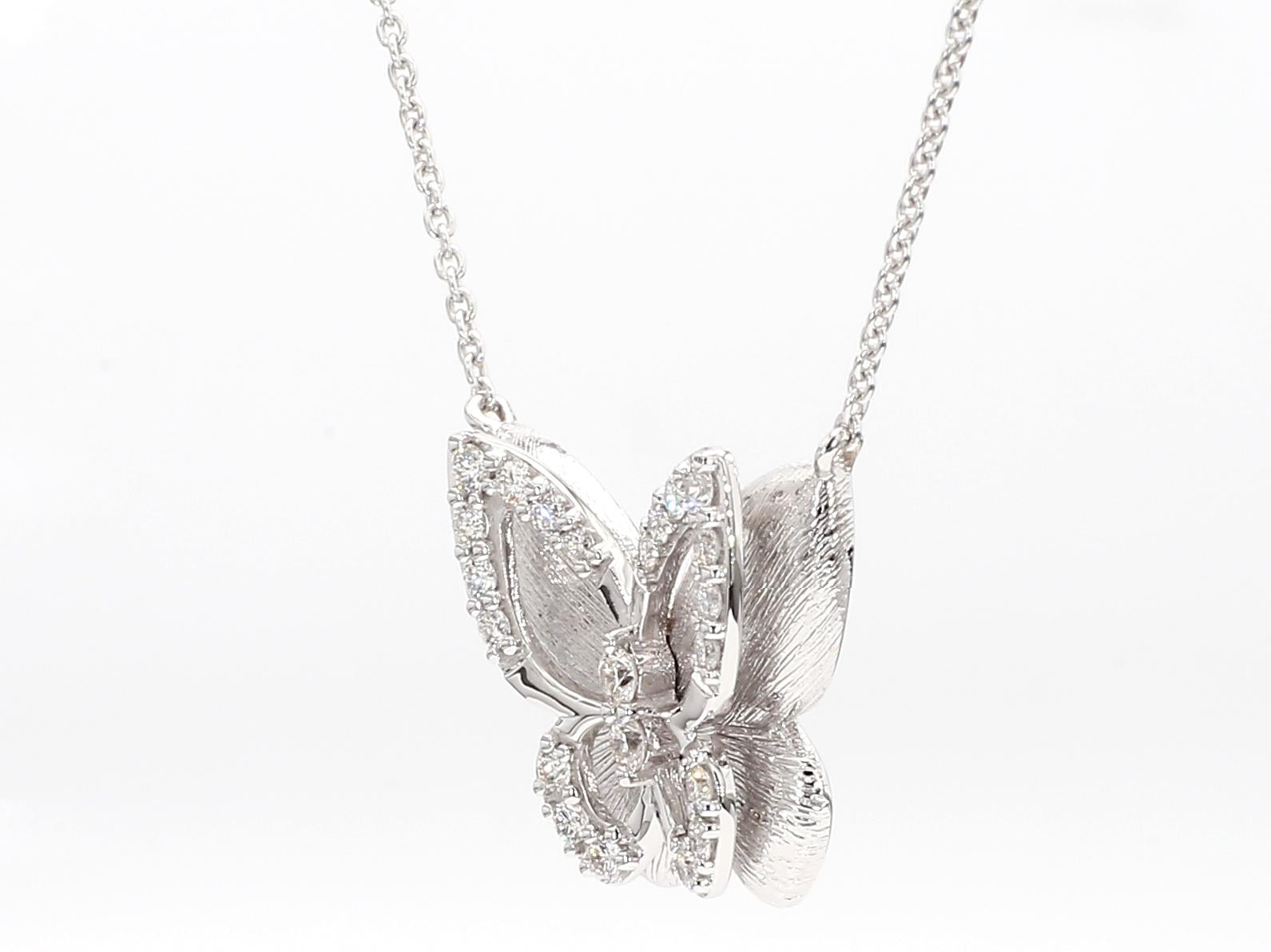 Natural White Round Diamond .65 Carat TW White Gold Butterfly Necklace