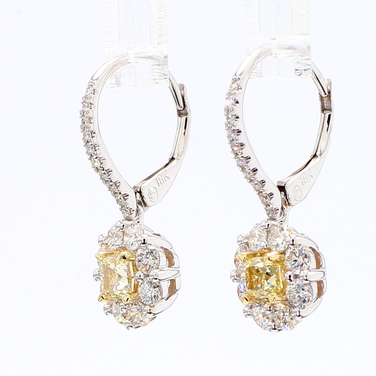 Natural Yellow Cushion Diamond 1.45 Carat TW Gold Drop Earrings