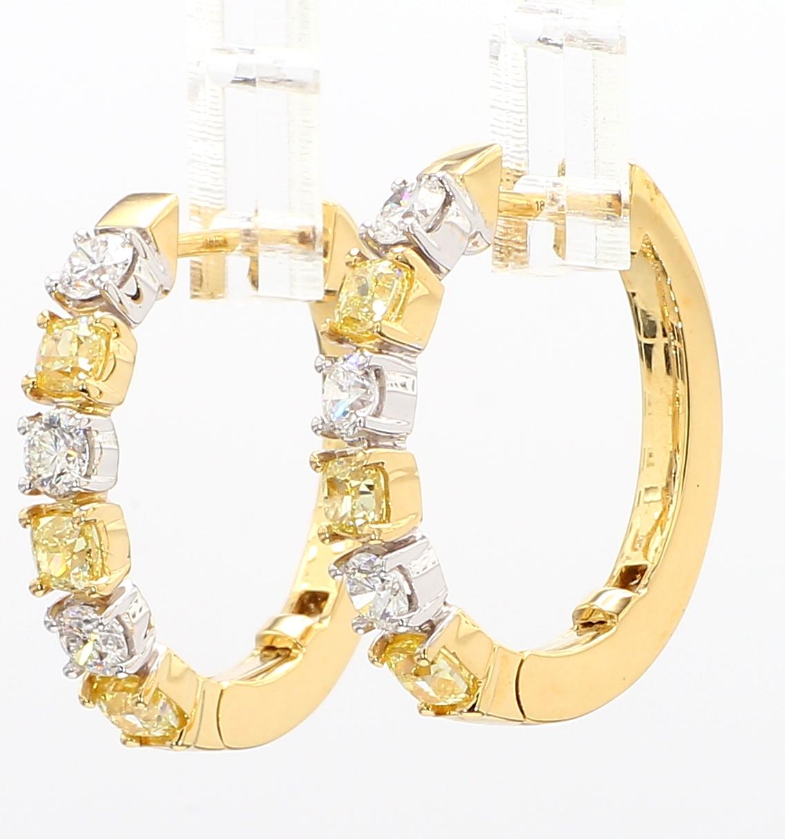 Natural Yellow Cushion Diamond 1.86 Carat TW Gold Hoop Earrings