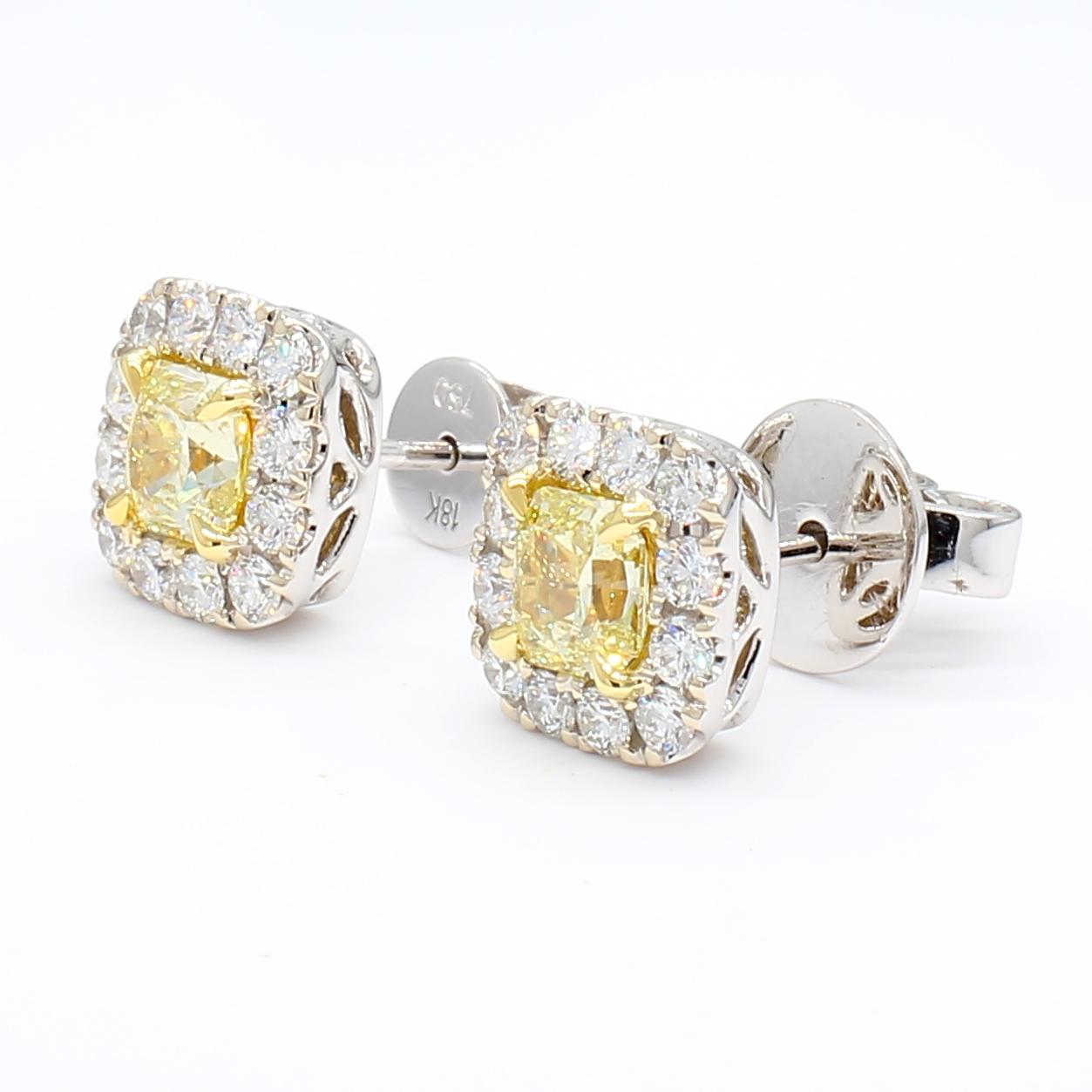 GIA Certified Natural Yellow Radiant Diamond 1.39 Carat TW Gold Stud Earrings