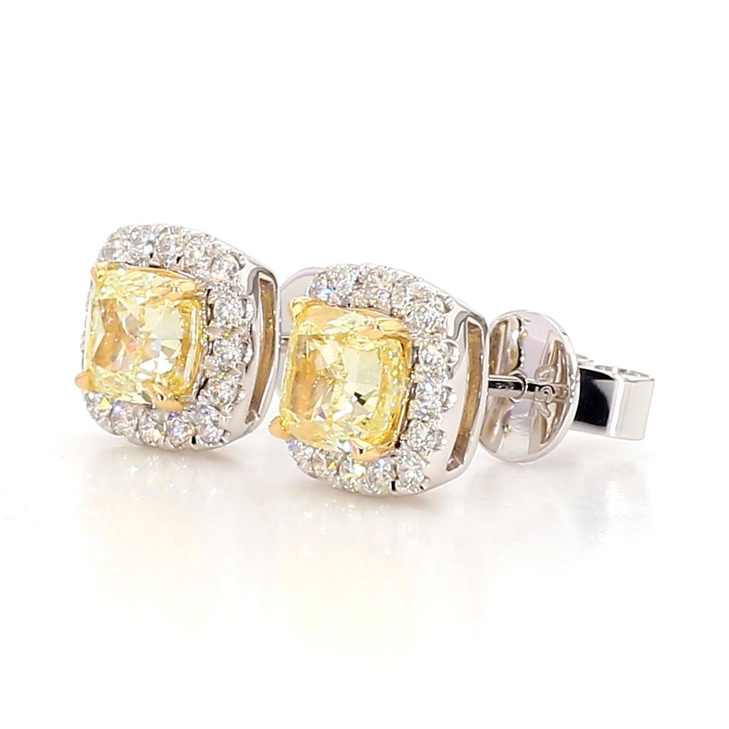 Natural Yellow Cushion Diamond 1.75 Carat TW Gold Stud Earrings