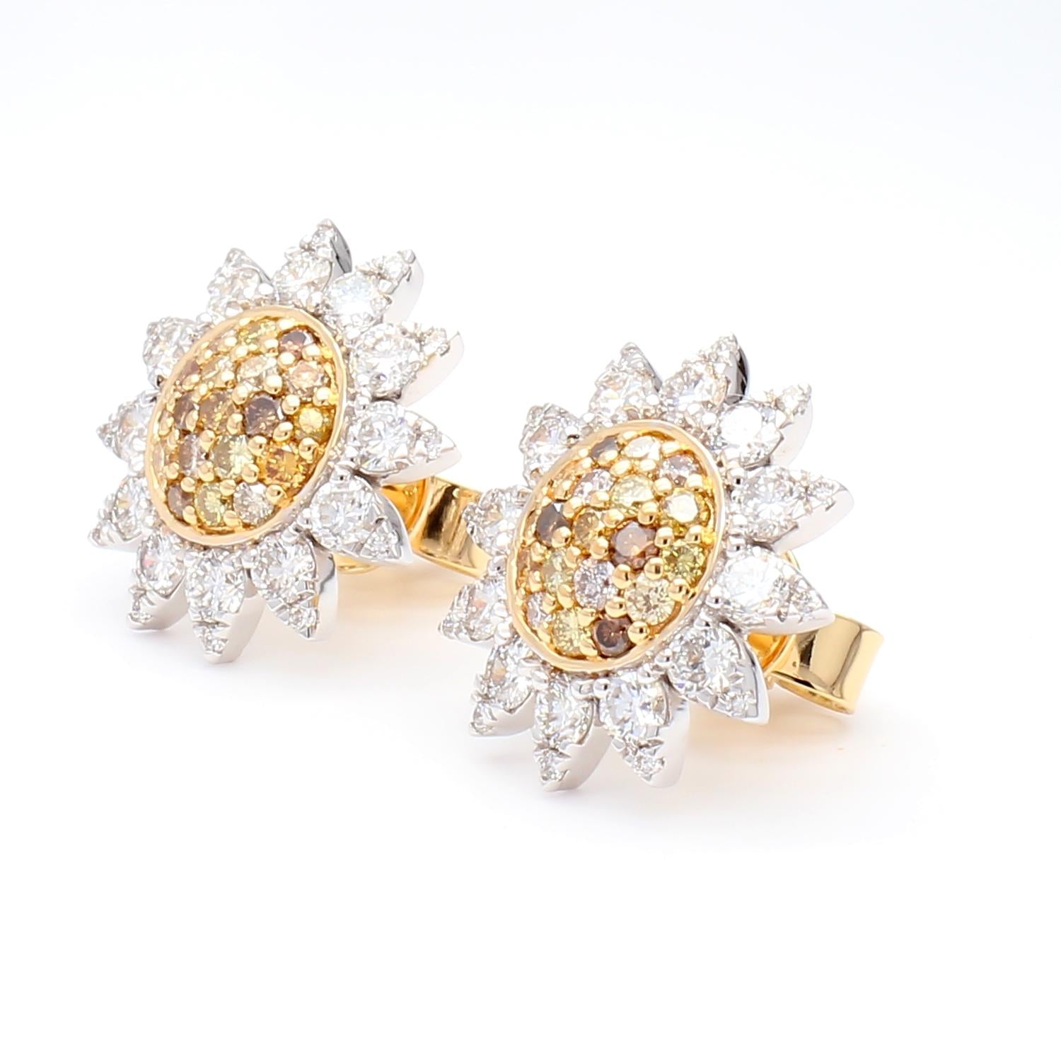 Natural Yellow Round and White Diamond 1.69 Carat TW Gold Stud Earrings