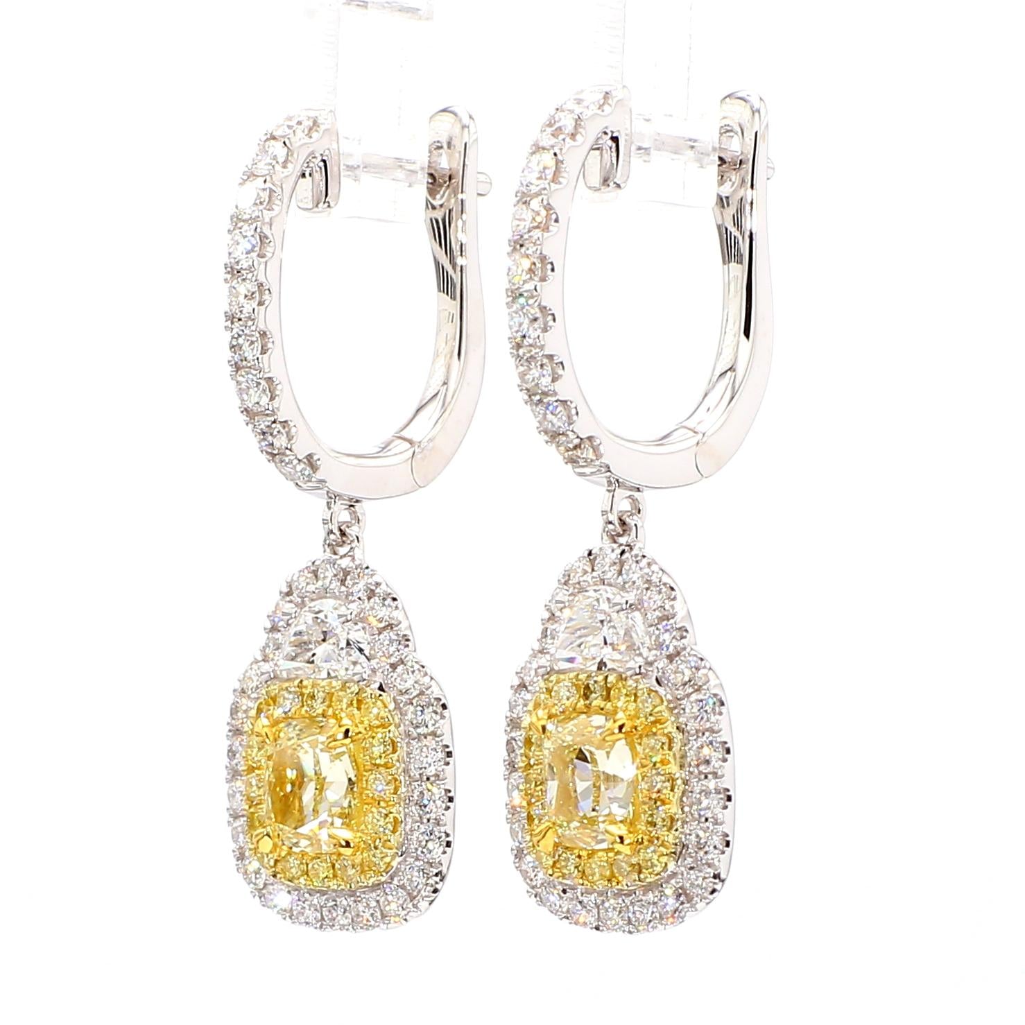 GIA Certified Natural Yellow Cushion Diamond 3.16 Carat TW Gold Drop Earrings