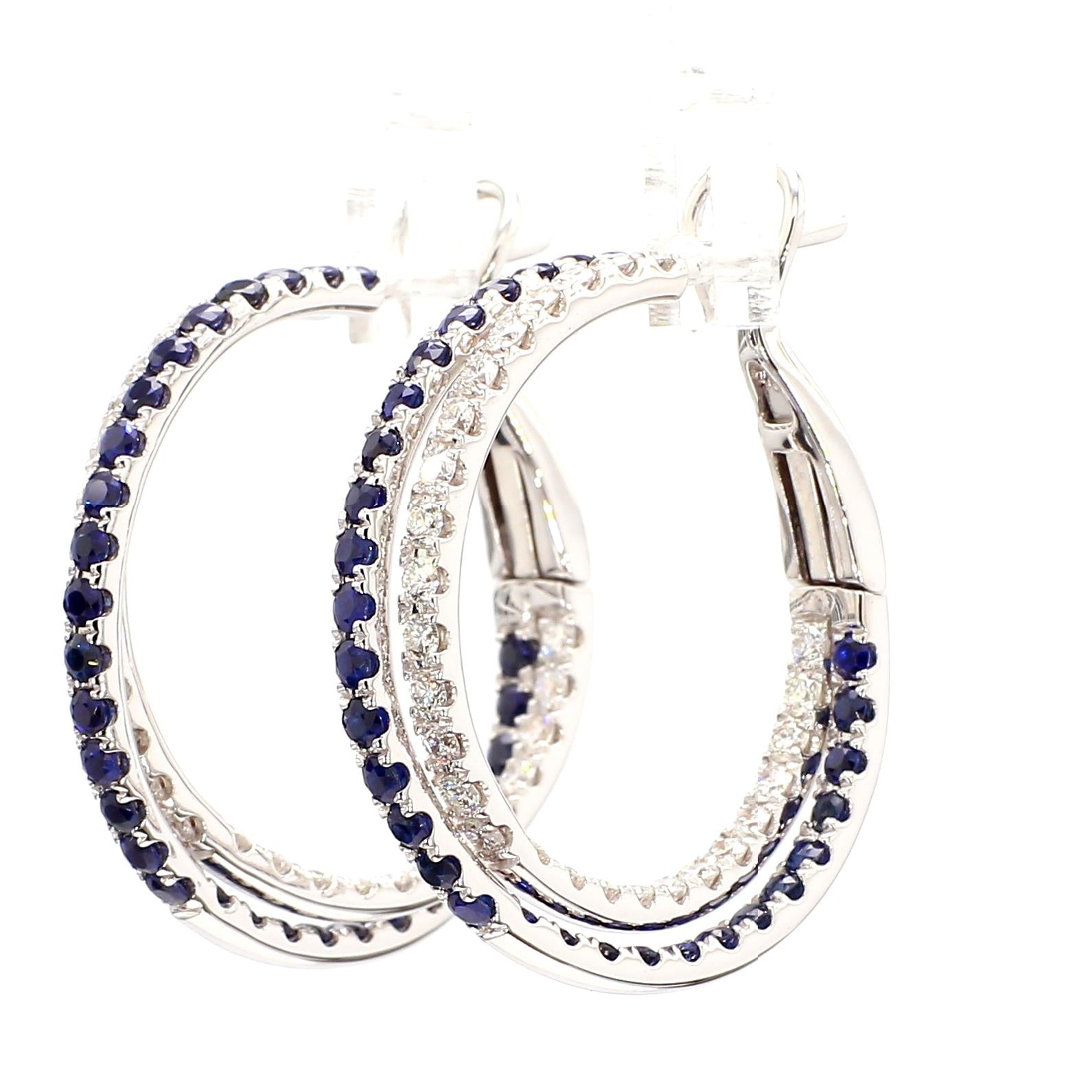 Natural Blue Round Sapphire and Diamond 3.09 Carat TW Gold Hoop Earrings