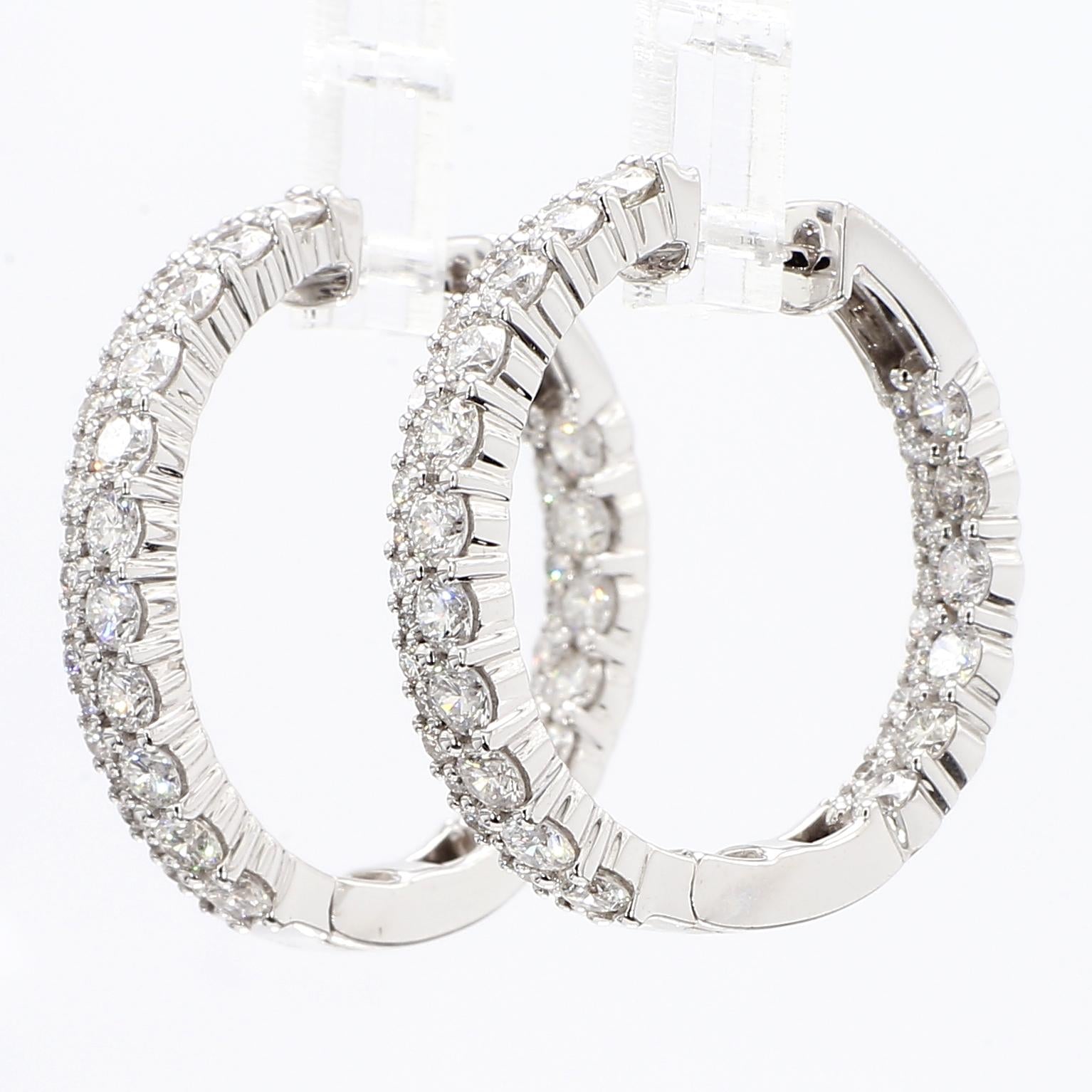 Natural White Round Diamond 2.65 Carat TW White Gold Hoop Earrings