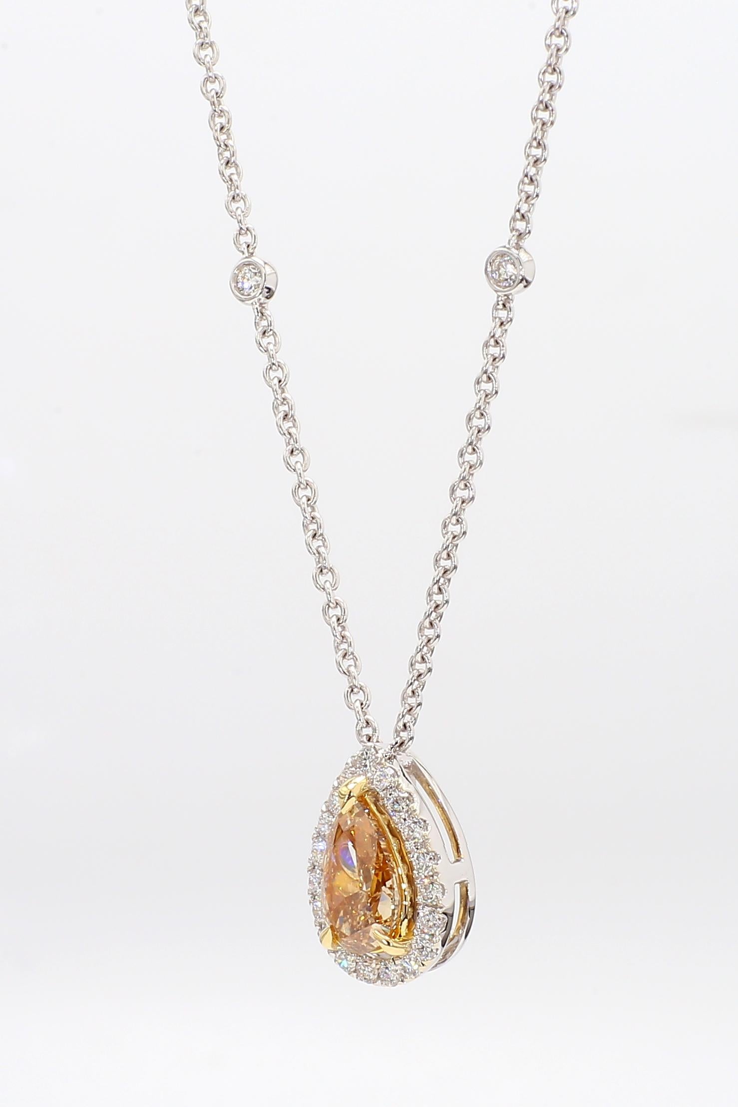 GIA Certified Natural Brown-Yellow Pear Diamond 1.43 Carat TW Gold Necklace