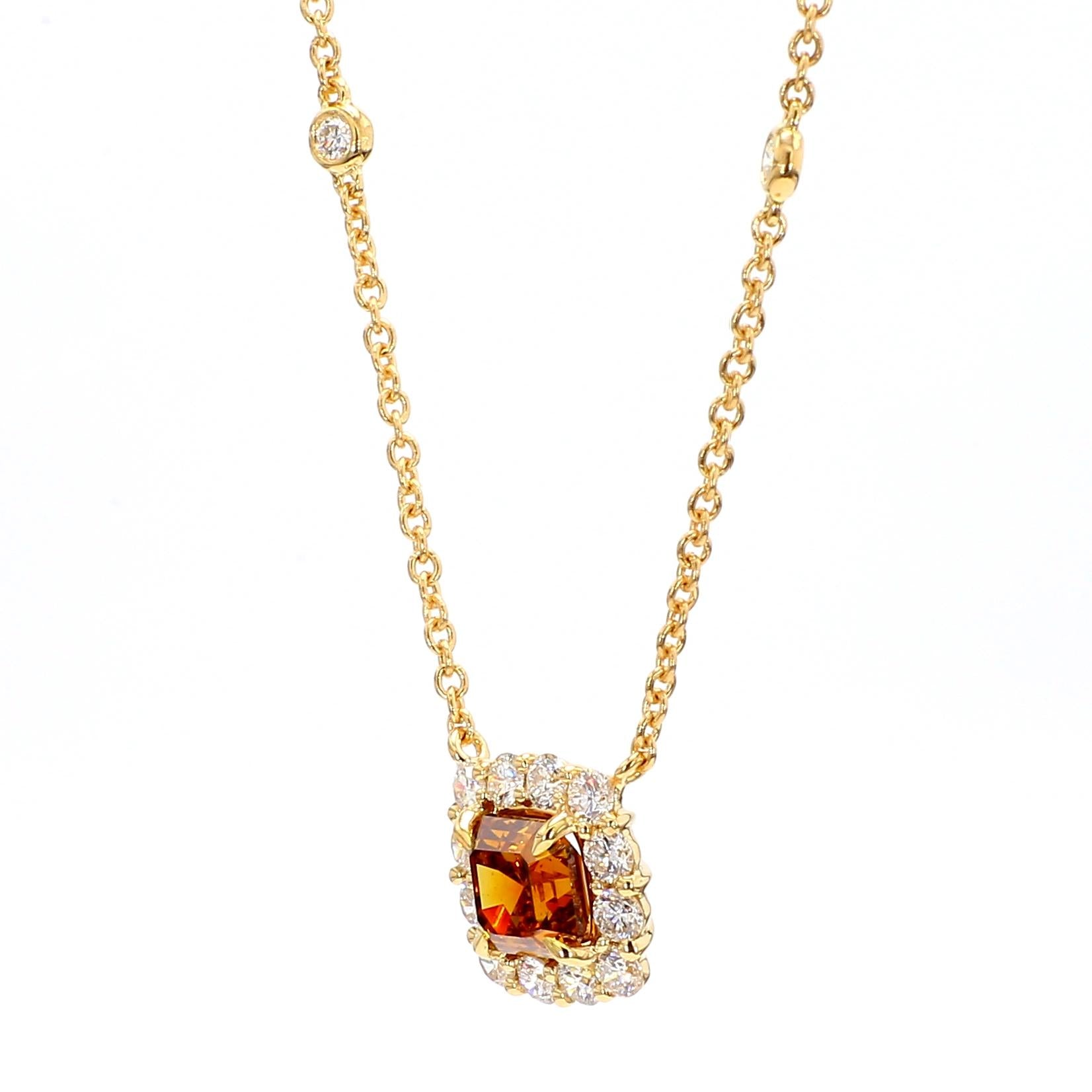 GIA Certified Natural Orange Asscher Diamond 1.59 Carat TW Gold Necklace