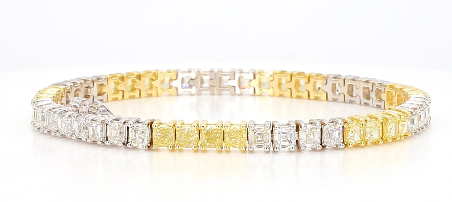 Natural Yellow Cushion and White Diamond 11.54 Carat TW Gold Tennis Bracelet