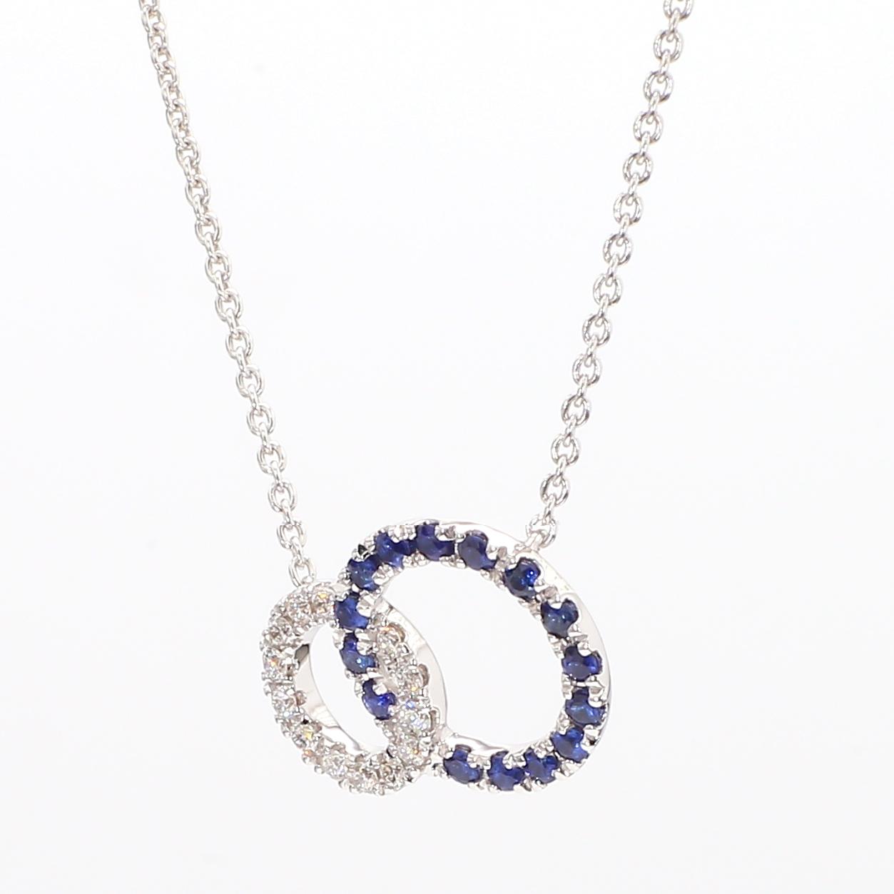 Natural Blue Round Sapphire and White Diamond 0.36 Carat TW White Gold Necklace