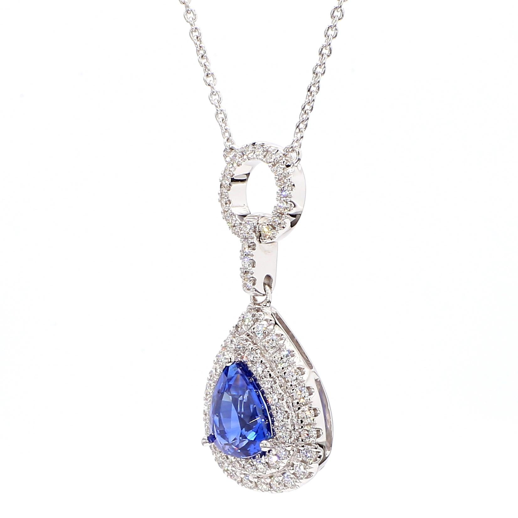 Natural Blue Pear Sapphire and White Diamond 2.08 Carat TW White Gold Pendant