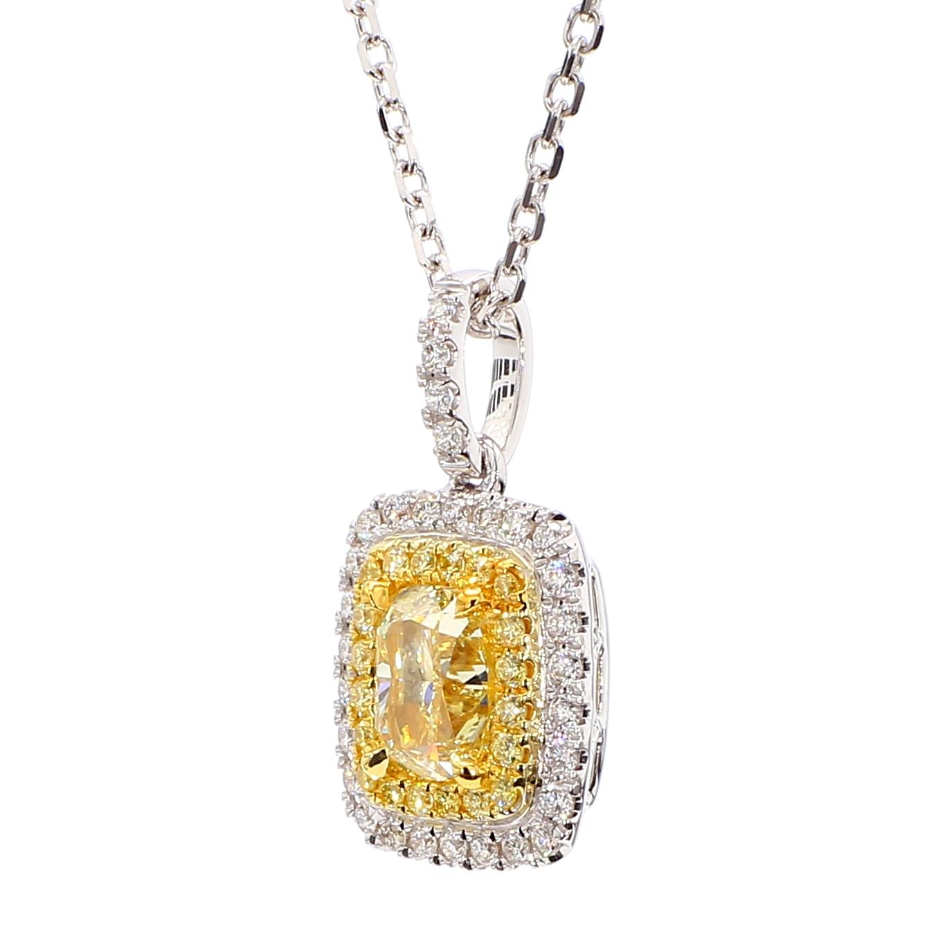 GIA Certified Natural Yellow Cushion Diamond 1.47 Carat TW Gold Drop Pendant