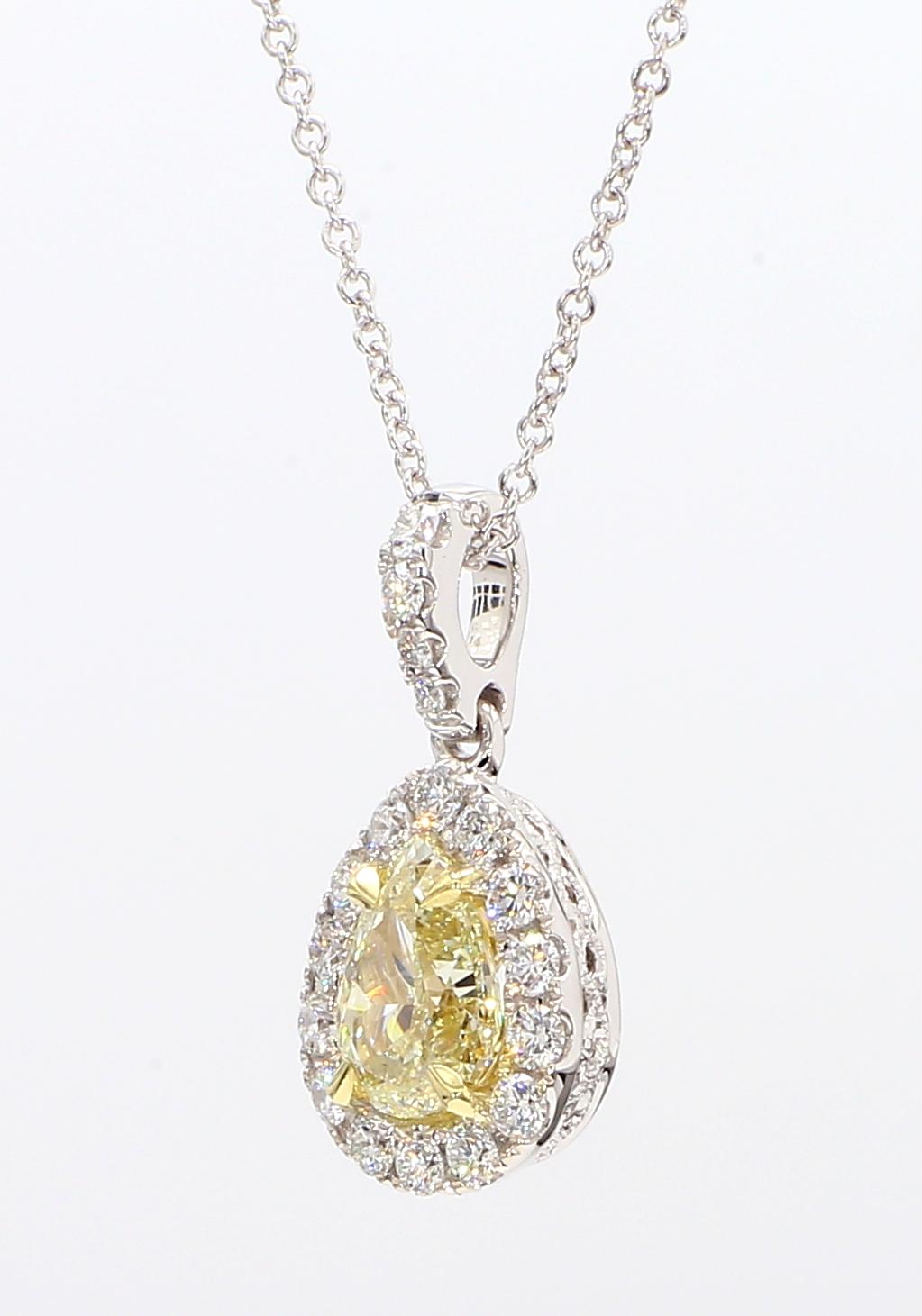 GIA Certified Natural Yellow Pear Diamond 1.37 Carat TW Gold Drop Pendant