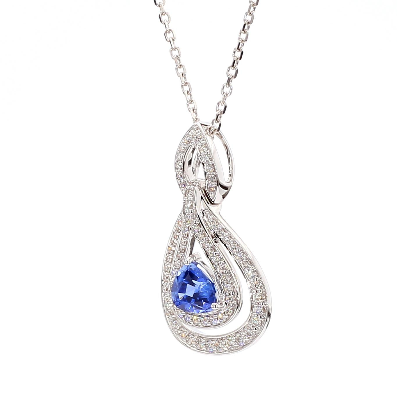 Natural Blue Trillion Sapphire and Diamond 1.84 Carat TW White Gold Drop Pendant