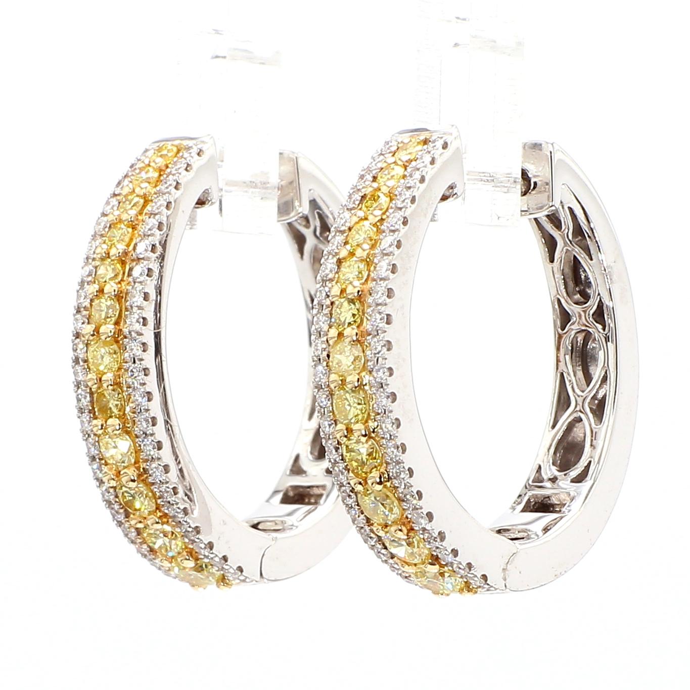 Natural Yellow Round and White Diamond 1.06 Carat TW Gold Hoop Earrings