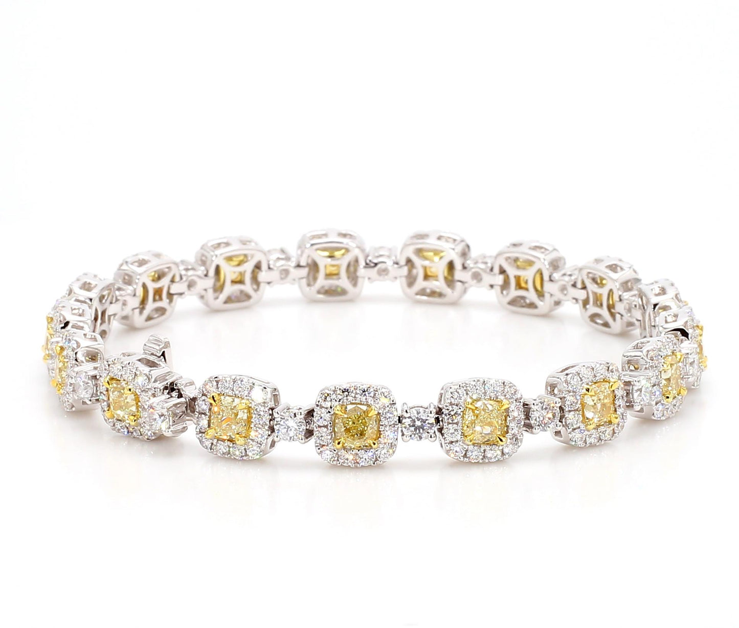 Natural Yellow Cushion Diamond 8.98 Carat TW Gold Tennis Bracelet