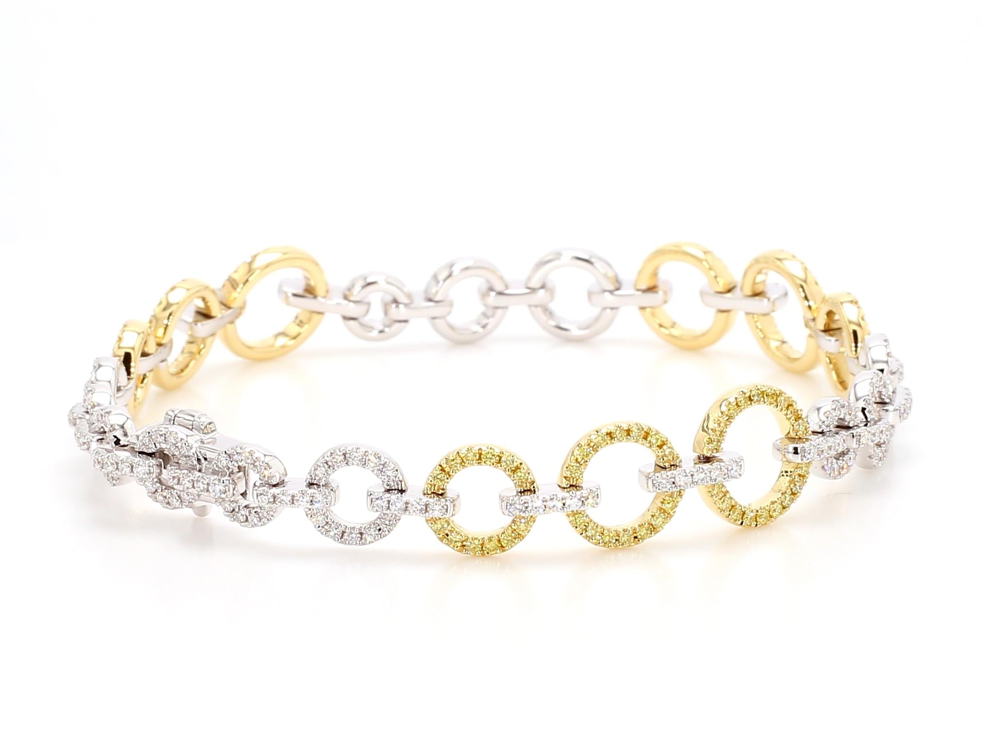 Natural Yellow Round and White Diamond 1.65 Carat TW Gold Tennis Bracelet