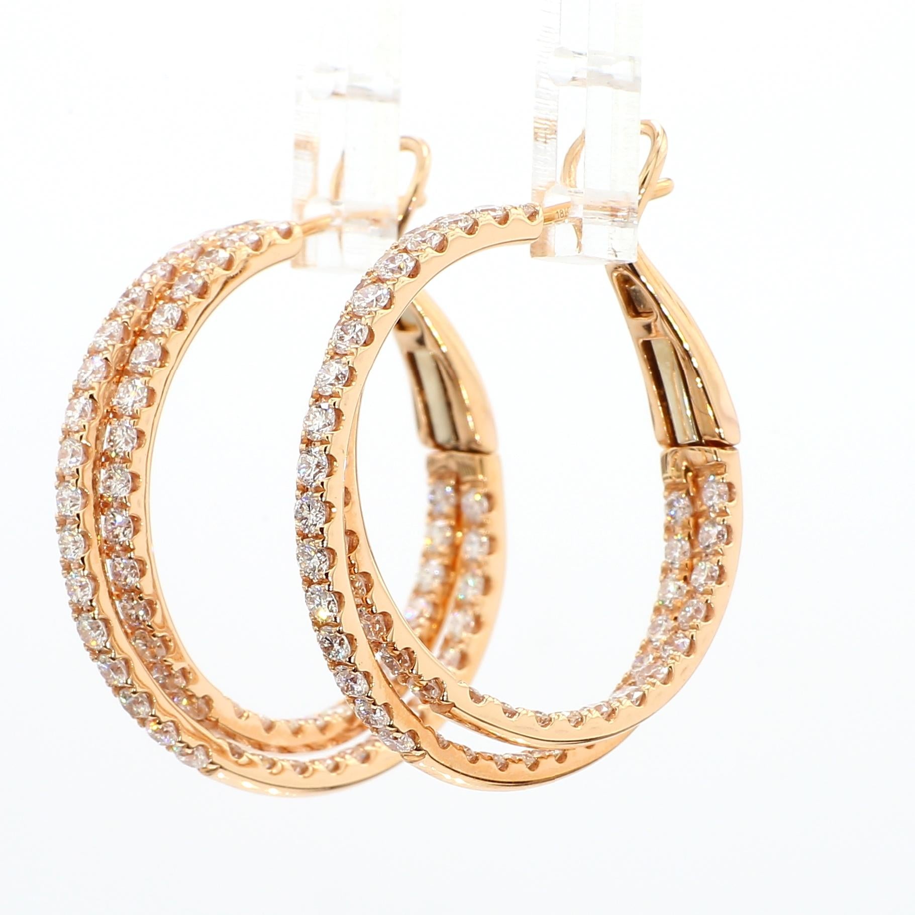 Natural White Round Diamond 2.62 Carat TW Rose Gold Hoop Earrings