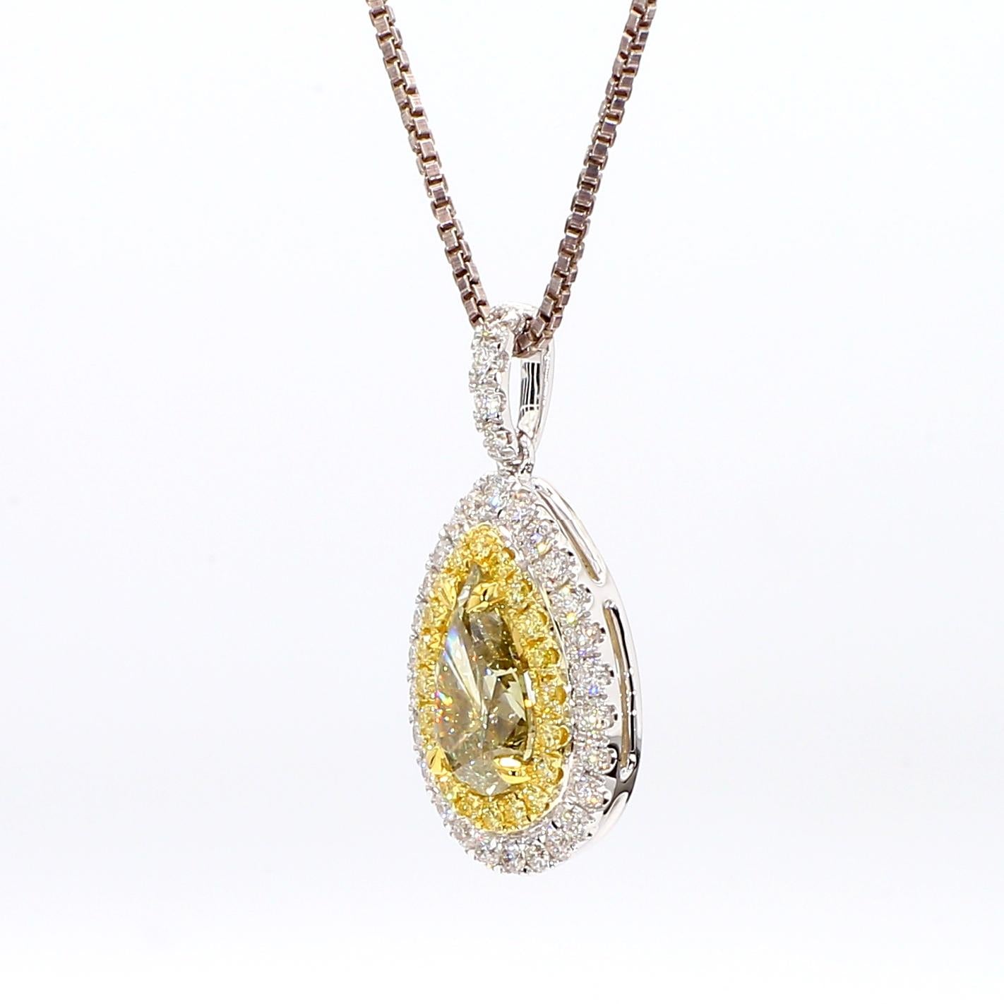 GIA Certified Natural Yellow Pear Diamond 1.44 Carat TW Gold Drop Pendant