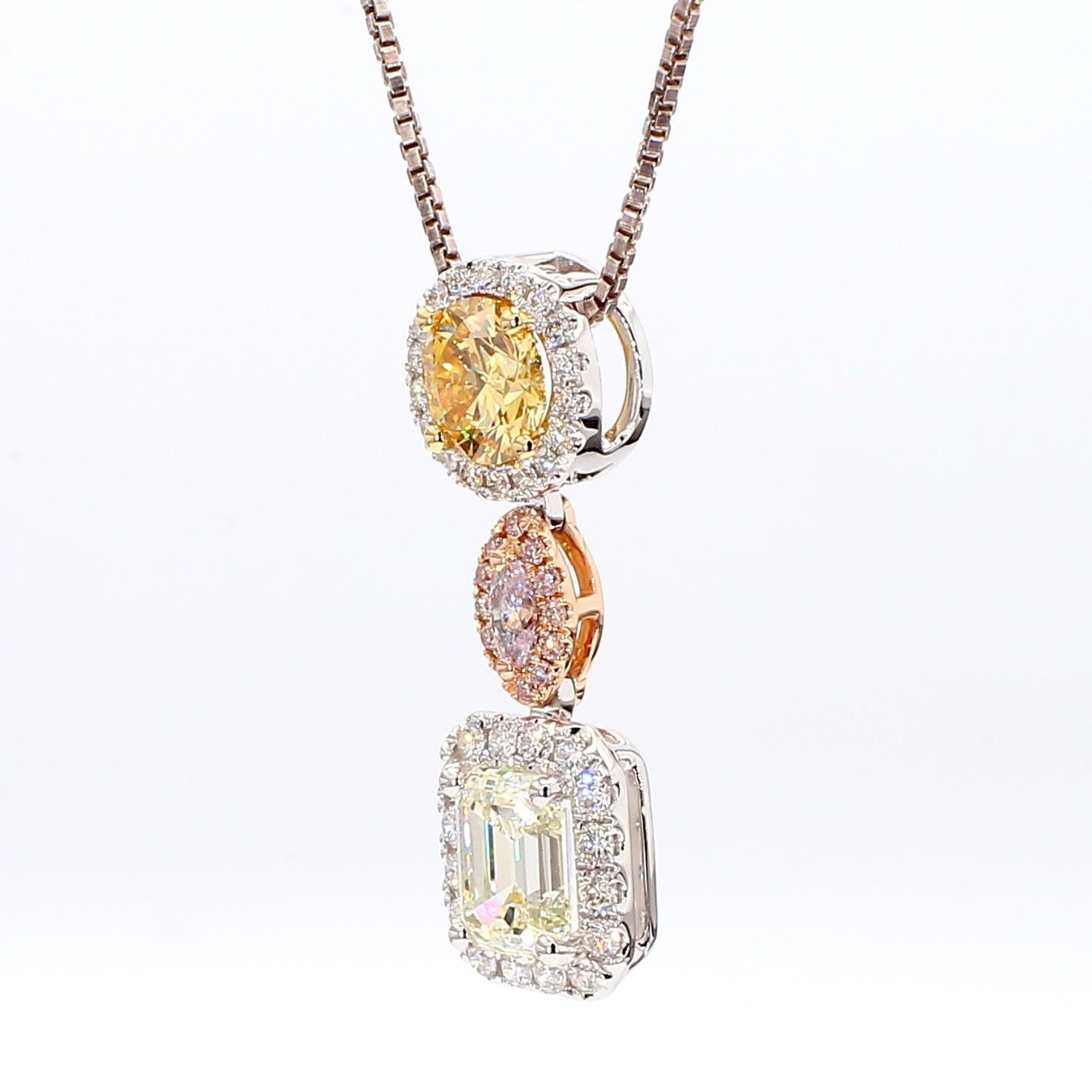 GIA Certified Natural Fancy Color Mix Diamond 2.01 Carat TW Gold Drop Pendant