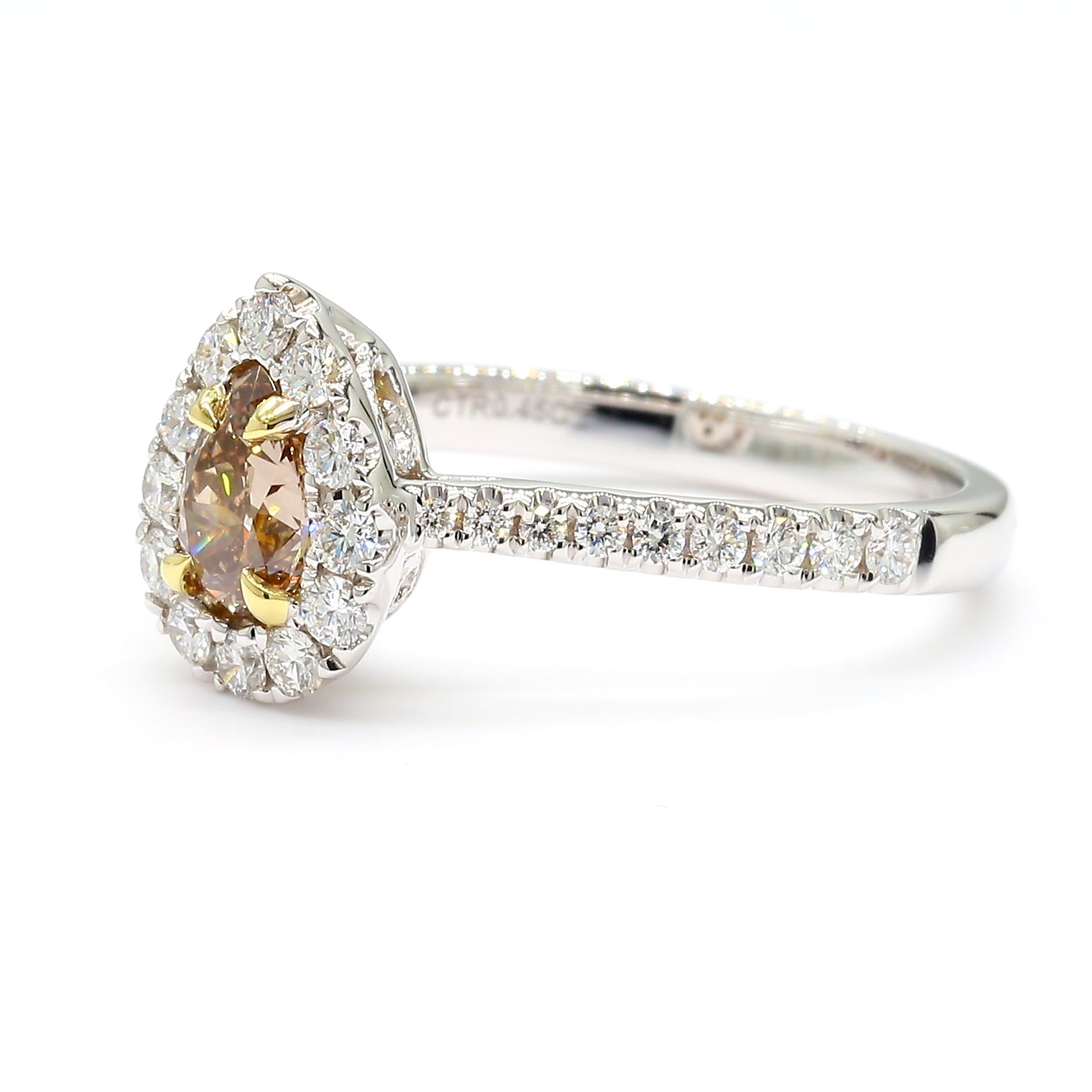 GIA Certified Natural Brown Pear Diamond 0.89 Carat TW Gold Cocktail Ring