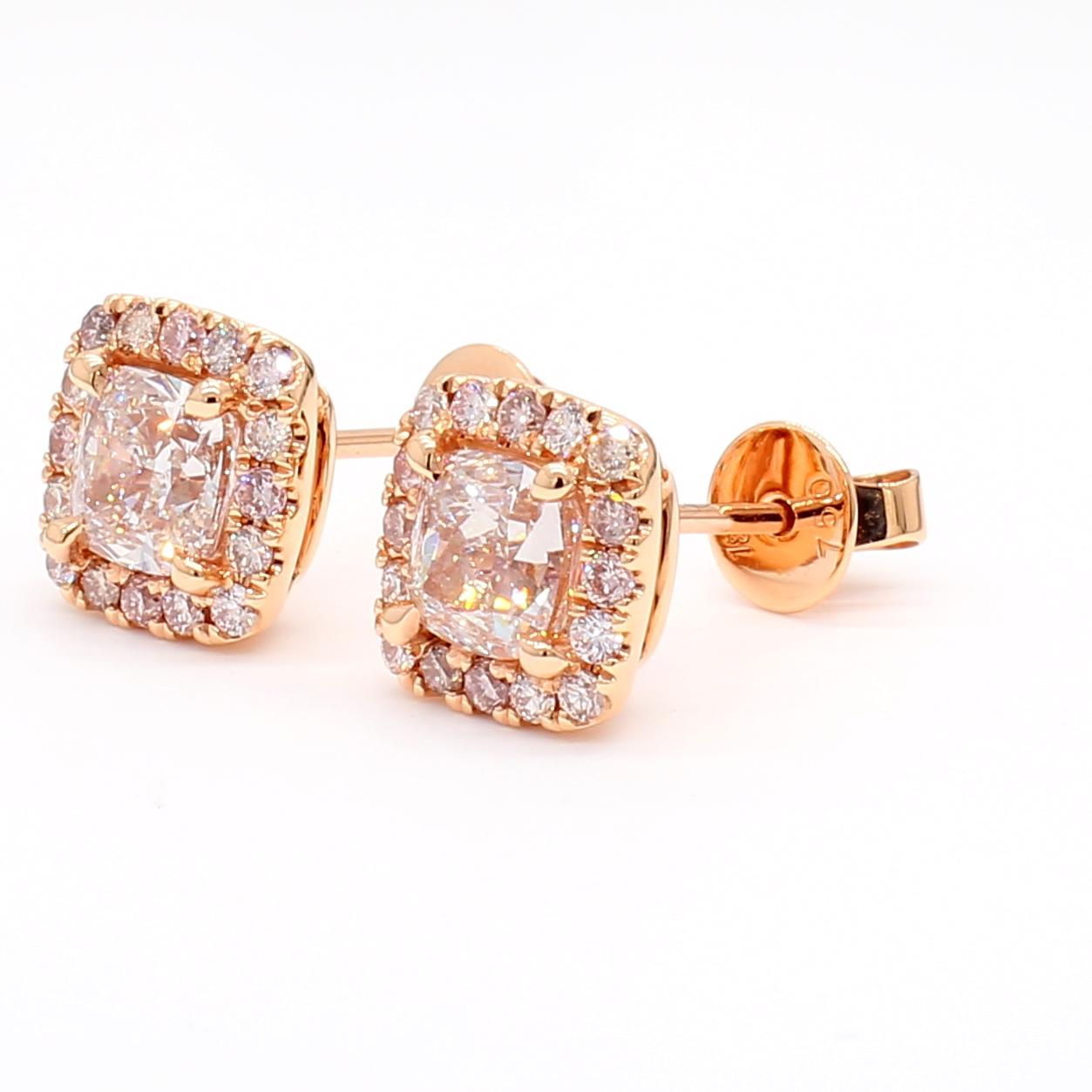 GIA Certified Natural Pink Cushion Diamond 1.74 Carat TW Gold Stud Earrings