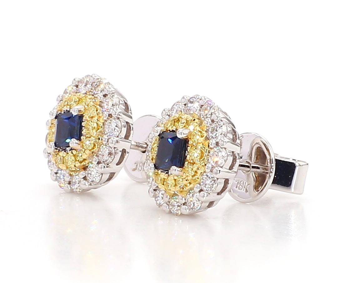 Natural Blue Princess Sapphire and Diamond 1.05 Carat TW Gold Stud Earrings