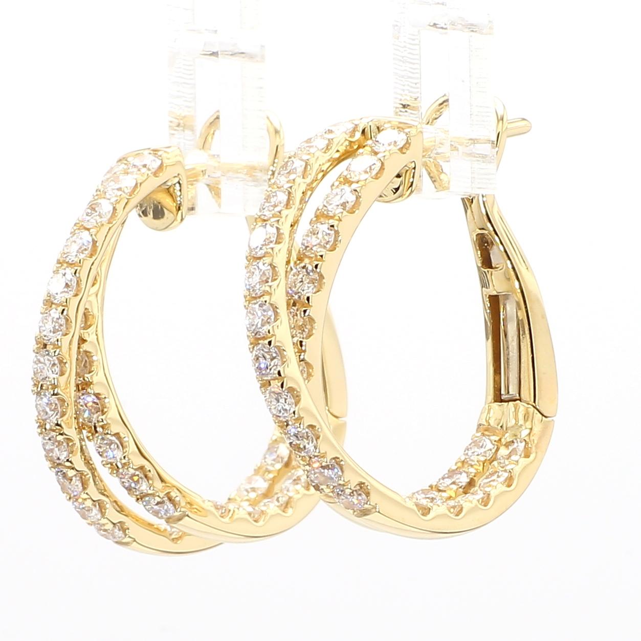 Natural White Round Diamond 1.66 Carat TW Yellow Gold Hoop Earrings