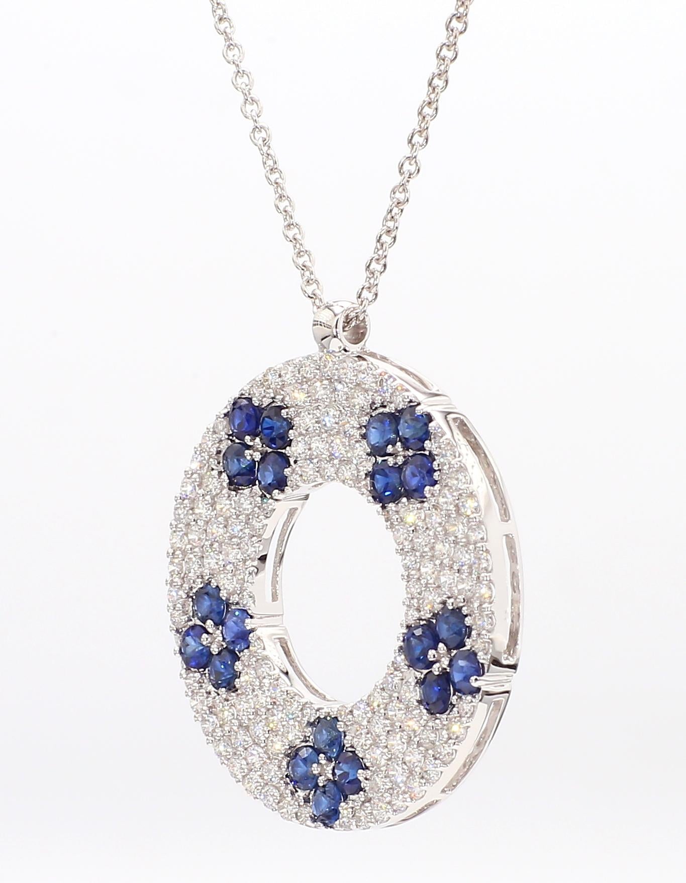 Natural Blue Round Sapphire and White Diamond 2.31 Carat TW White Gold Necklace