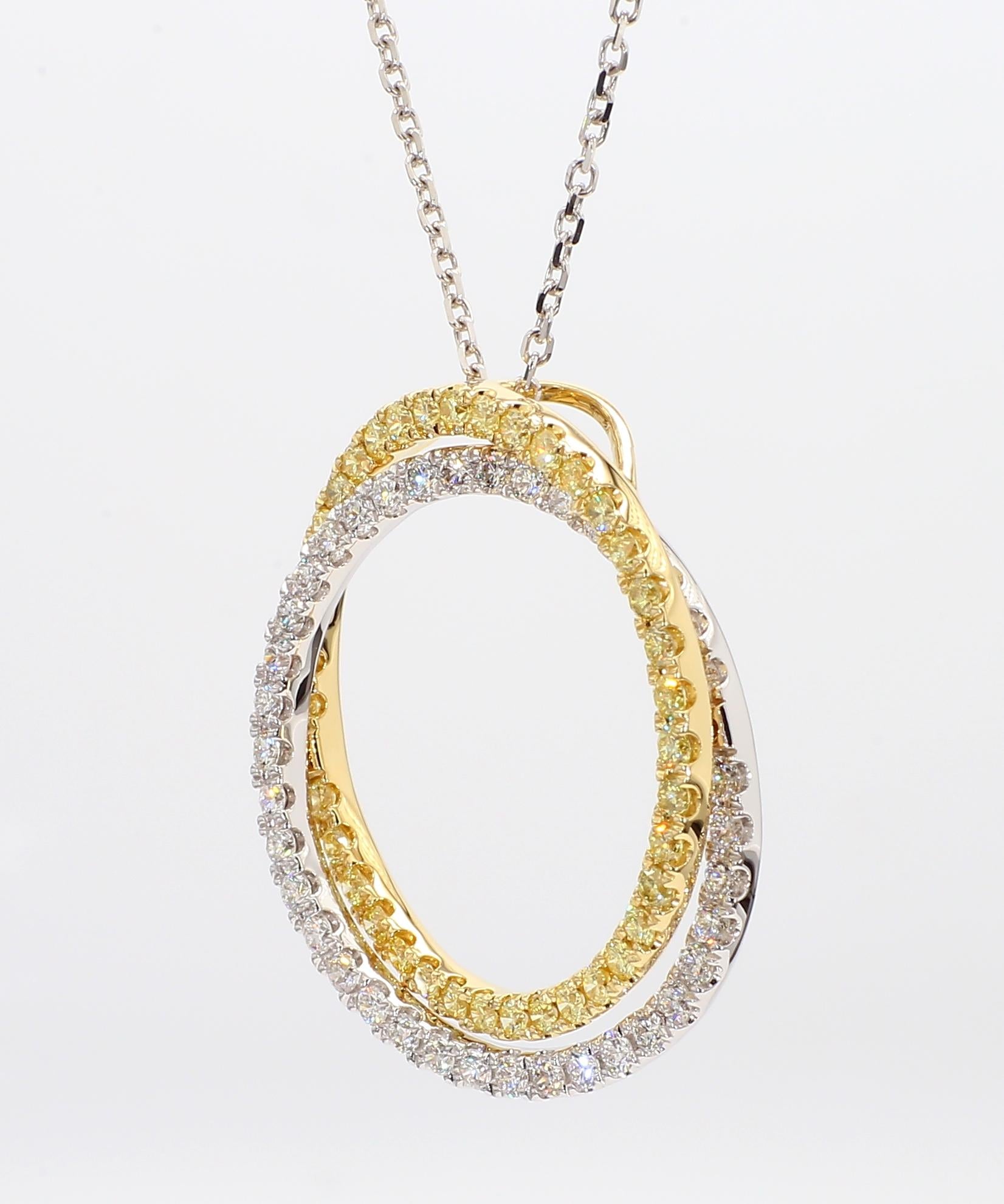 Natural Yellow Round and White Diamond 1.97 Carat TW Gold Circle Pendant