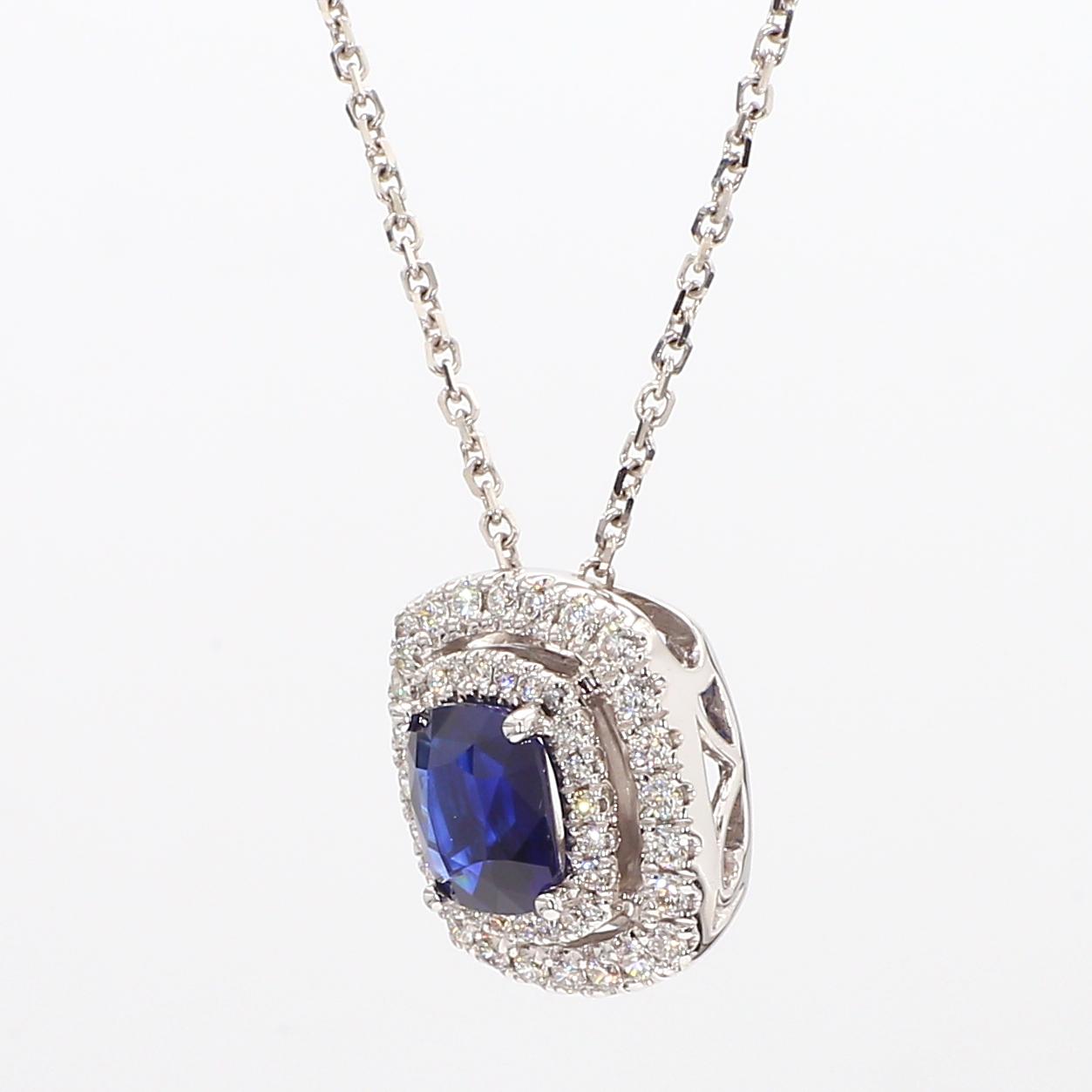 Natural Blue Cushion Sapphire and White Diamond 1.43 Carat TW White Gold Pendant