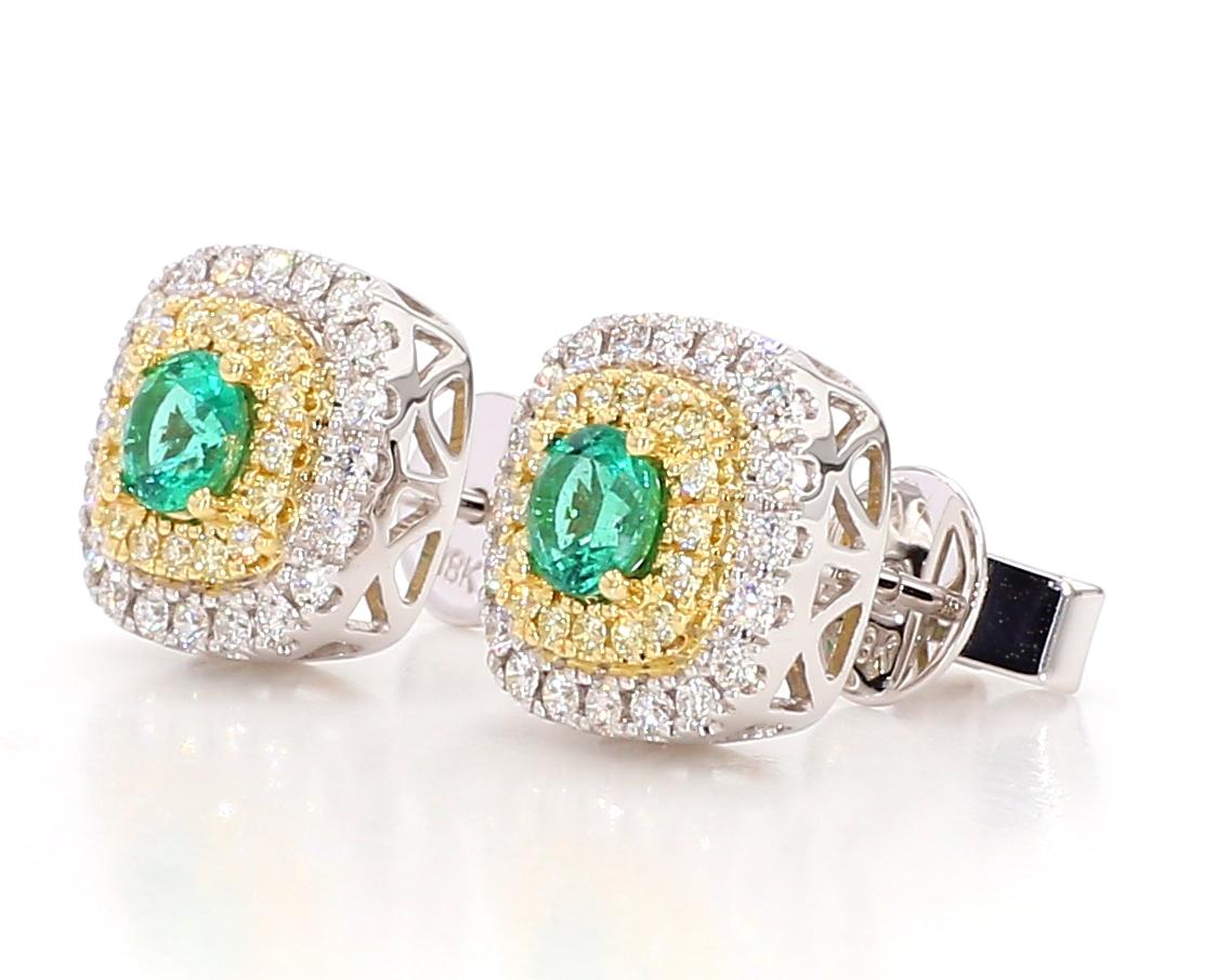 Natural Round Emerald and White Diamond .91 Carat TW Gold Stud Earrings