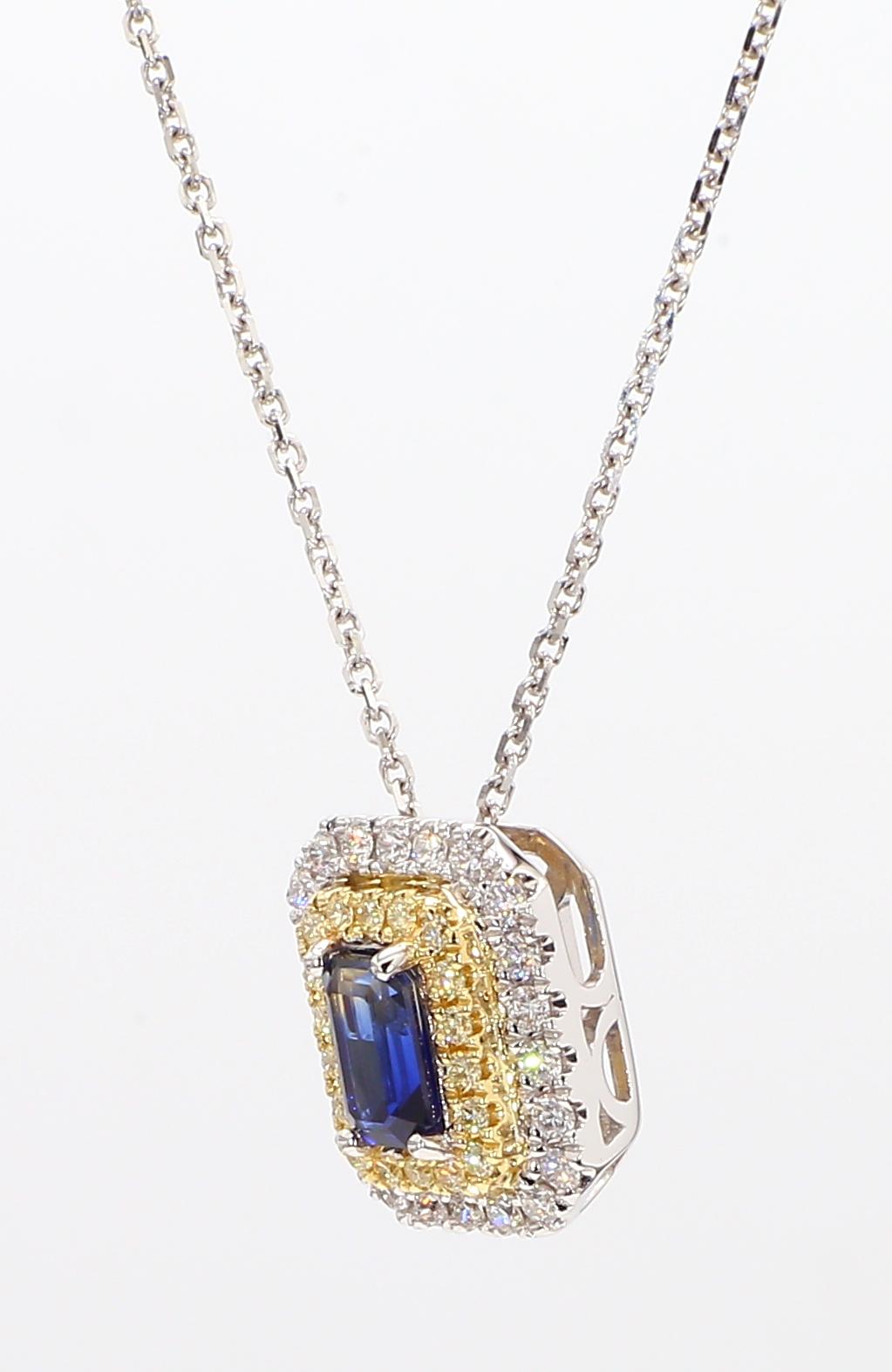 Natural Blue Emerald Cut Sapphire and Diamond 1.05 Carat TW Drop Pendant