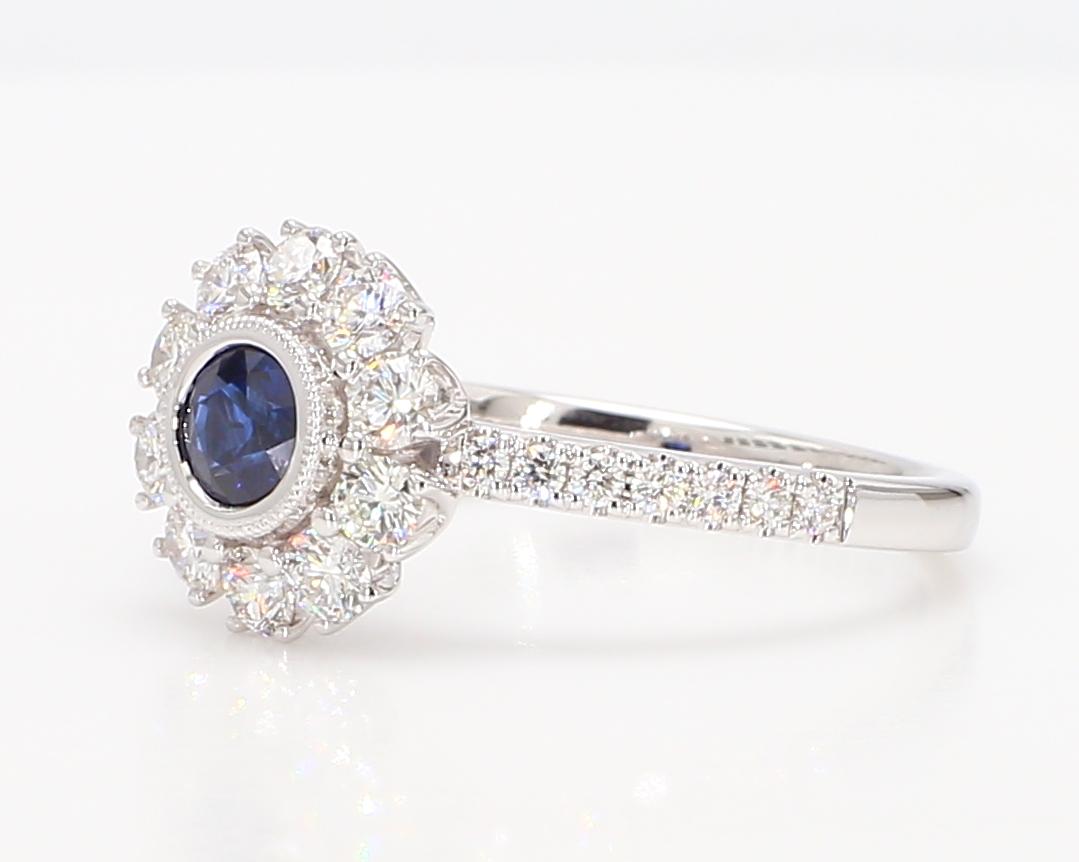 Natural Blue Round Sapphire and White Diamond 1.00 Carat TW White Gold Ring