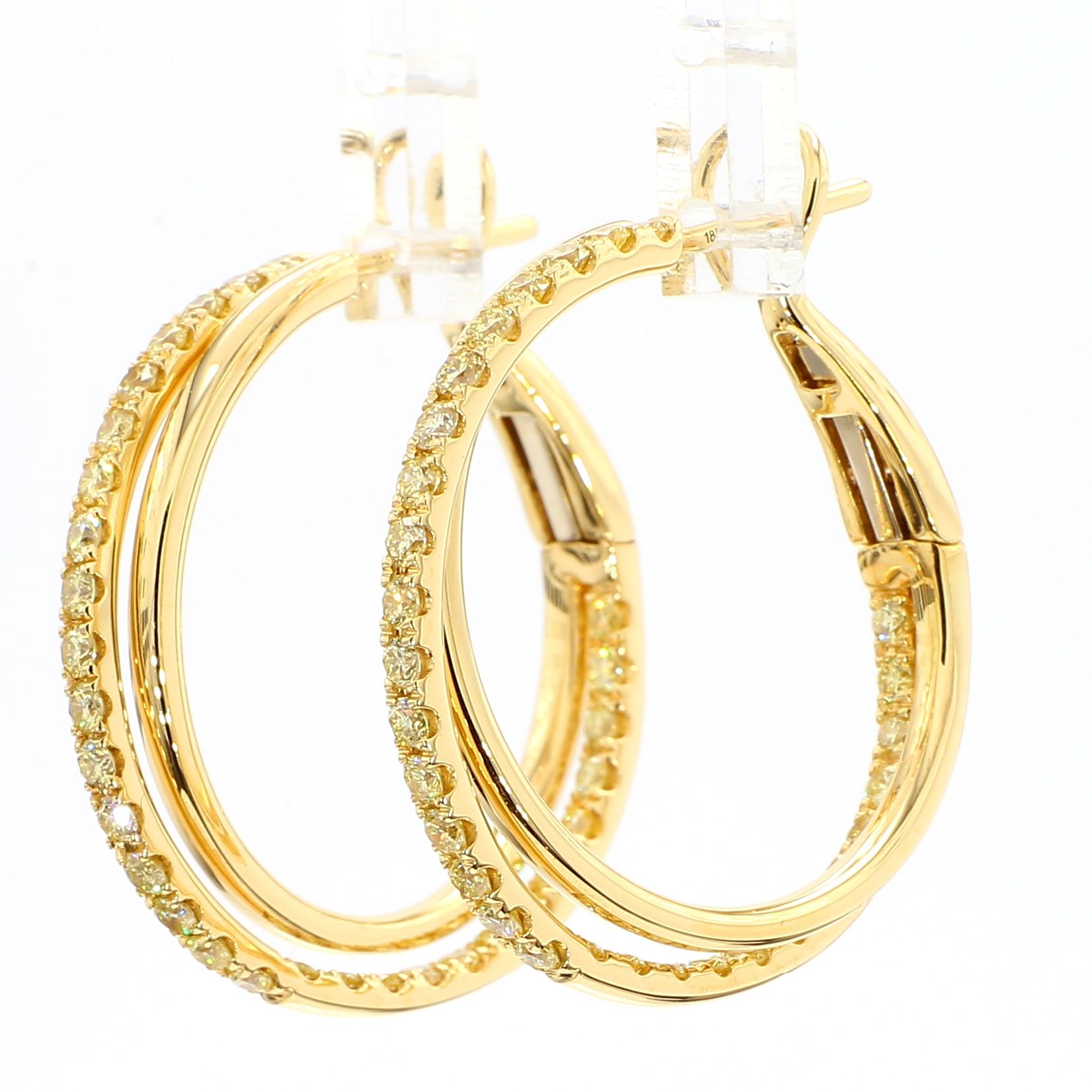 Natural Yellow Round Diamond 1.44 Carat TW Yellow Gold Hoop Earrings