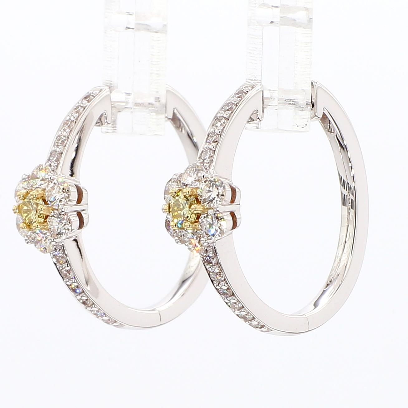 Natural Yellow Round and White Diamond .90 Carat TW Gold Hoop Earrings