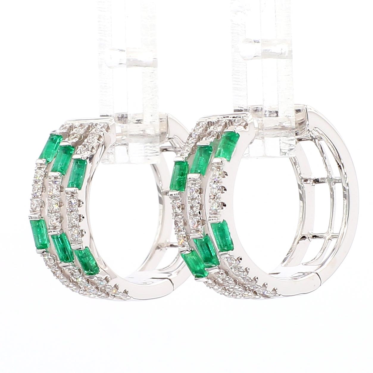 Natural Emerald and White Diamond .84 Carat TW Gold Hoop Earrings