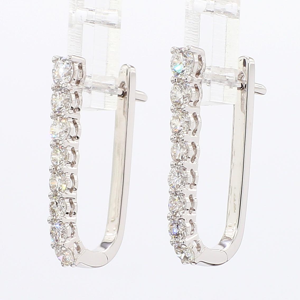 Natural White Round Diamond 0.98 Carat TW White Gold Hoop Earrings